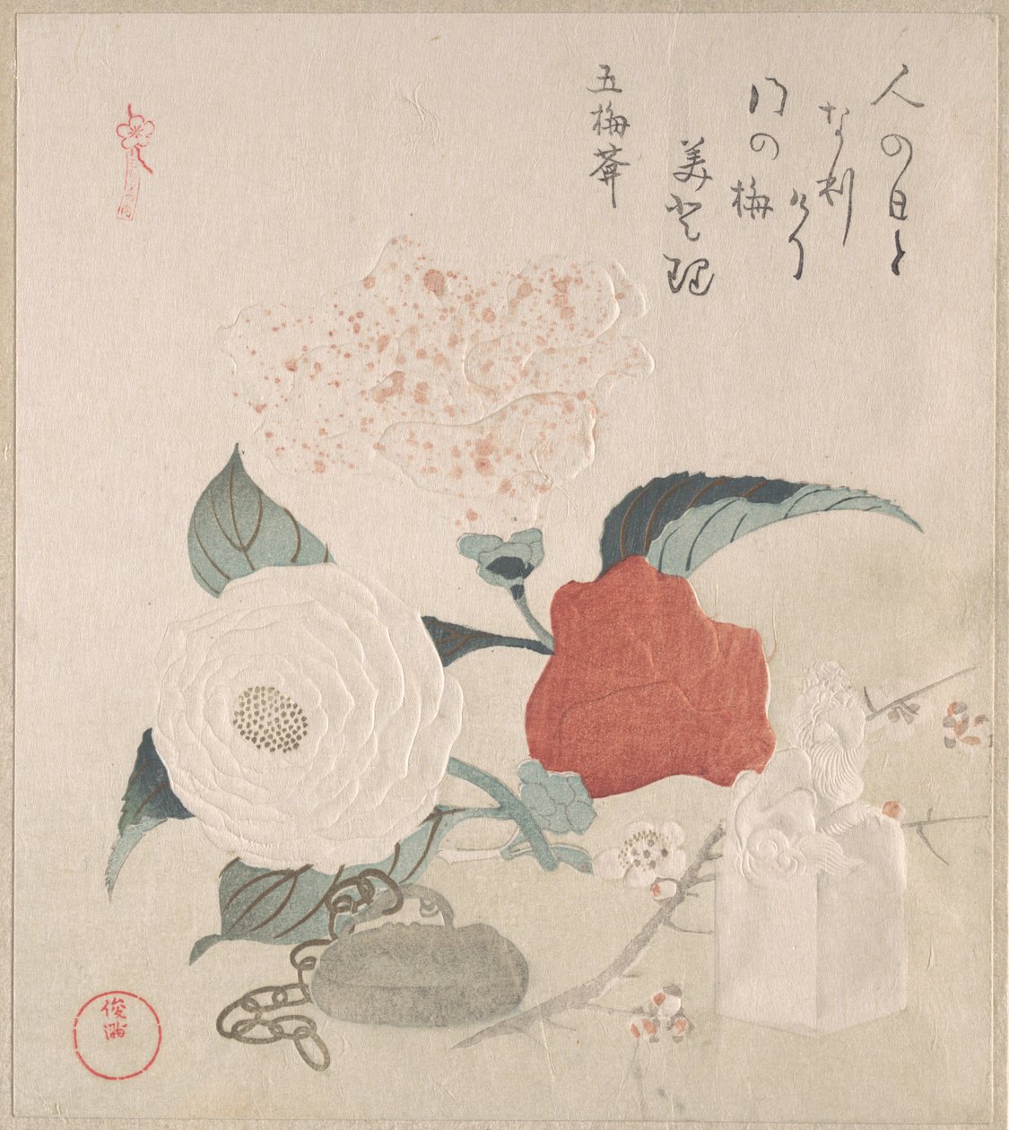 Kamelia-blomster, en netsuke og et segl af Kubo Shunman