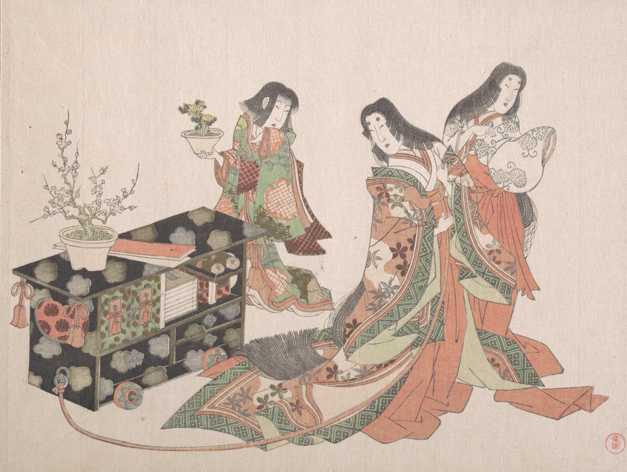 Hofdamer, der trækker et skab langs gulvet, 1800-tallet. af Kubo Shunman