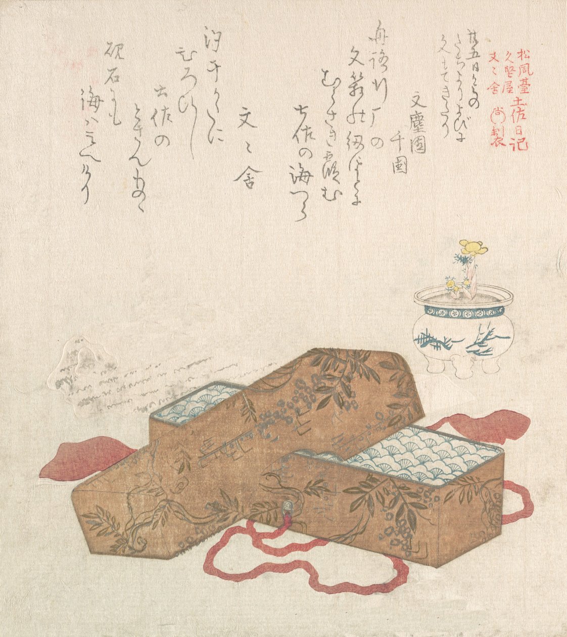 Brevkasse med brev og potteblomst, 1800-tallet. af Kubo Shunman