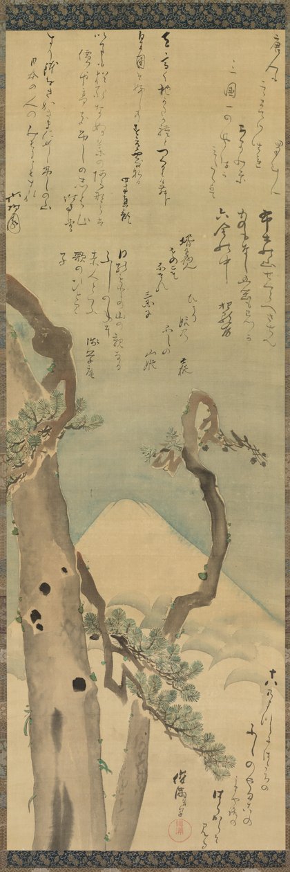 Mt. Fuji gennem Pines, hængende rulle, slutningen af 1700-tallet-begyndelsen af 1800-tallet (blæk og farve på silke) af Kubo Shunman