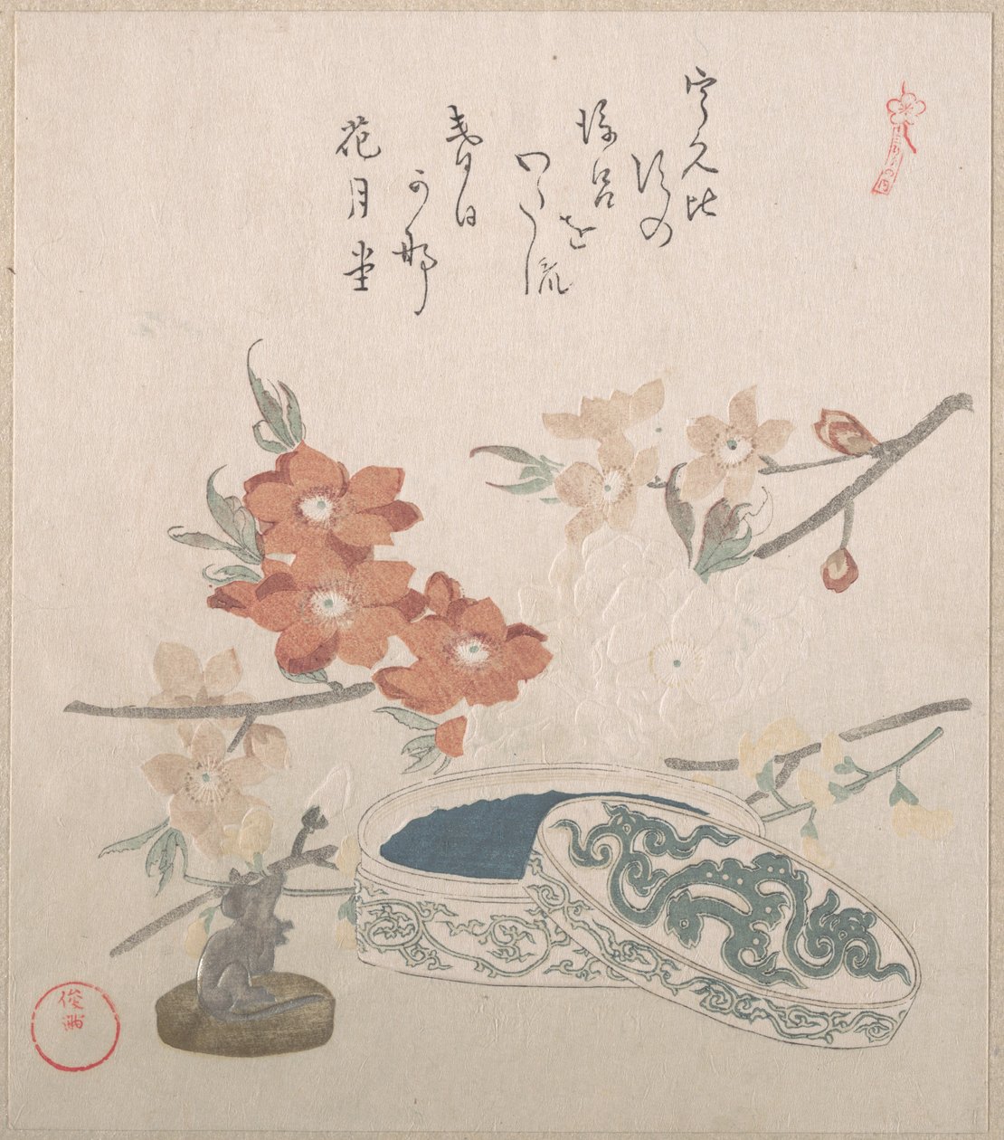 Ferskenblomster, et segl og en seglæske af Kubo Shunman