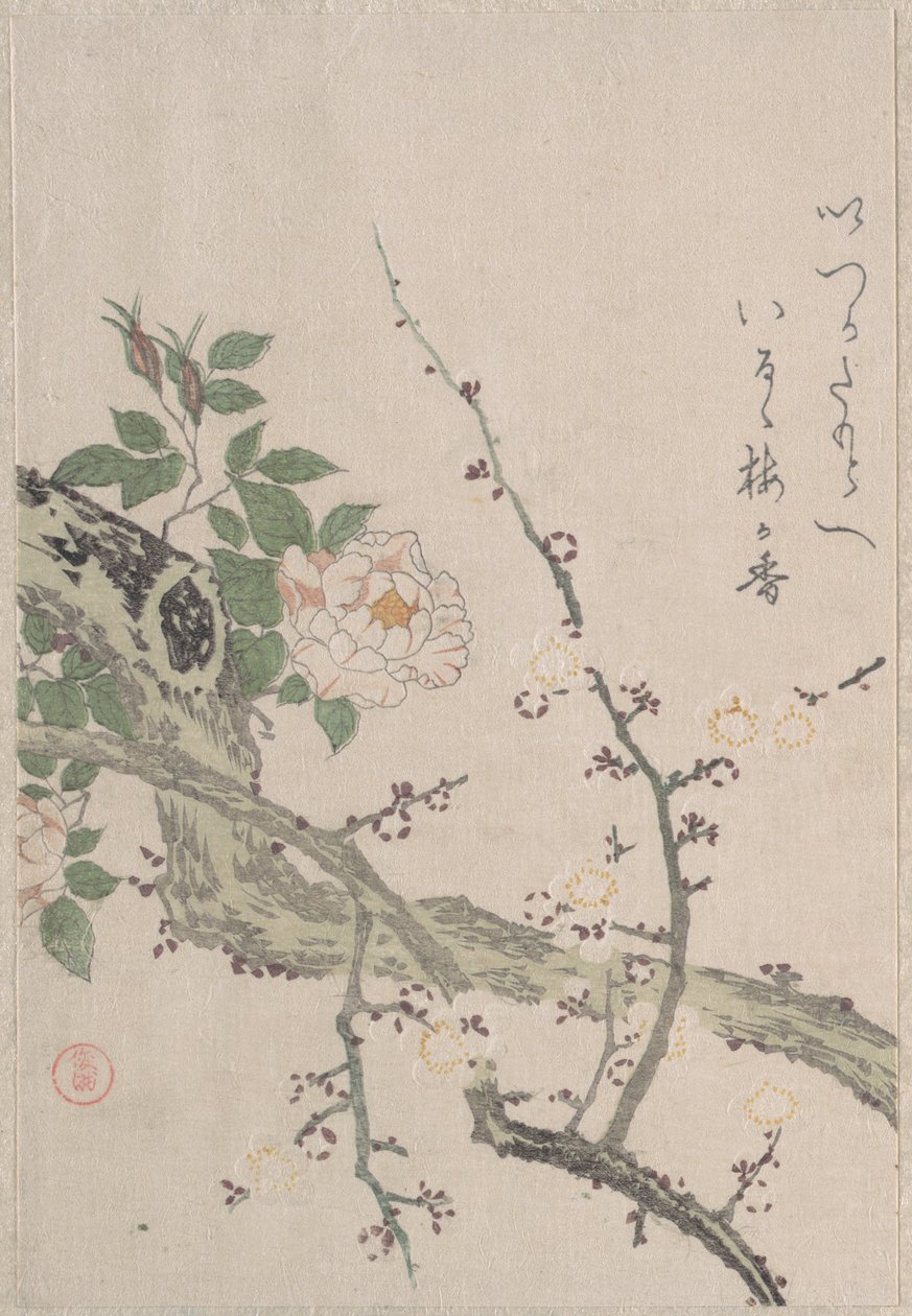 Roser og blomstrende blommetræer af Kubo Shunman