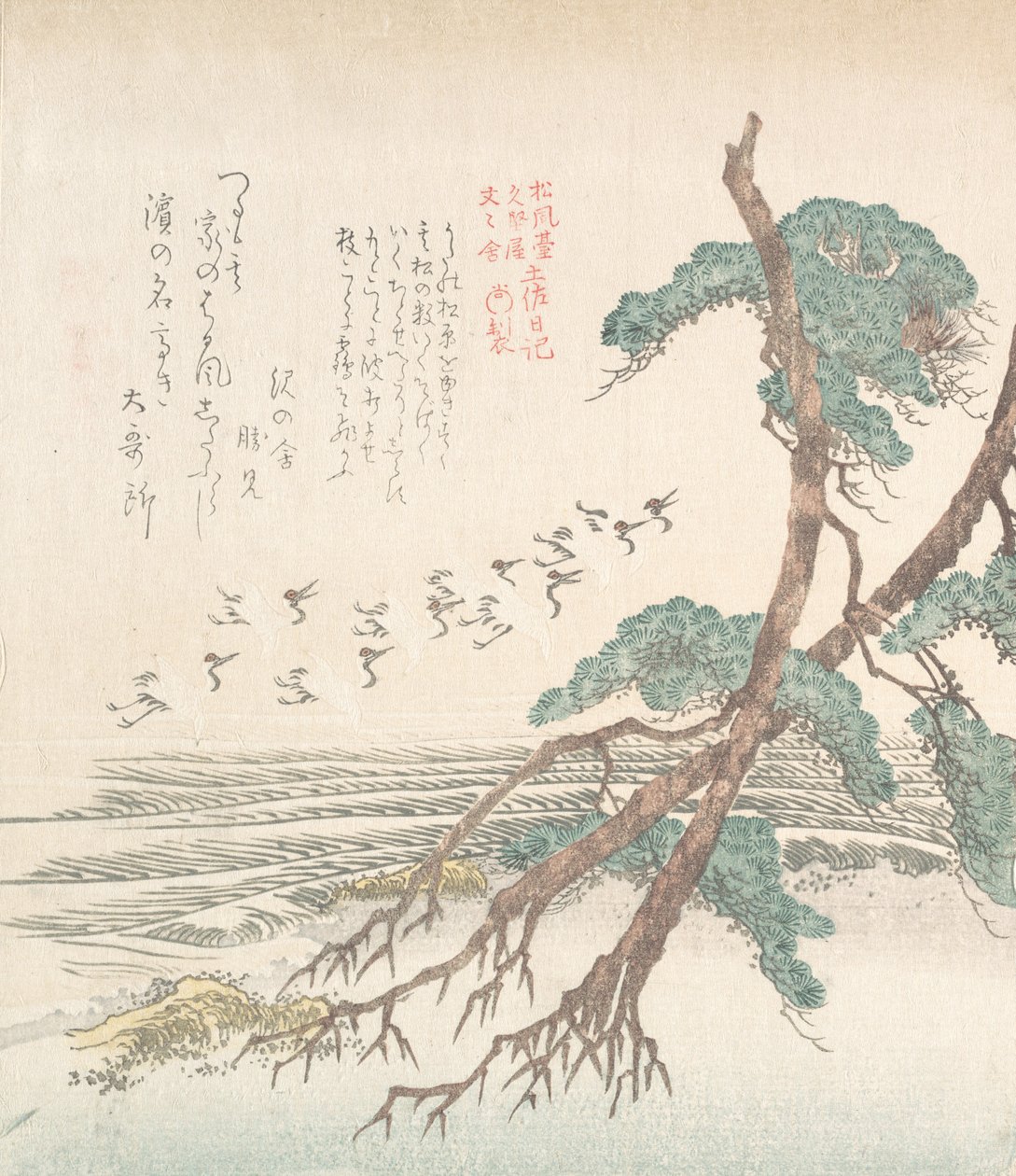 Havsidelandskab med fyrretræer og flyvende traner, 1800-tallet. af Kubo Shunman