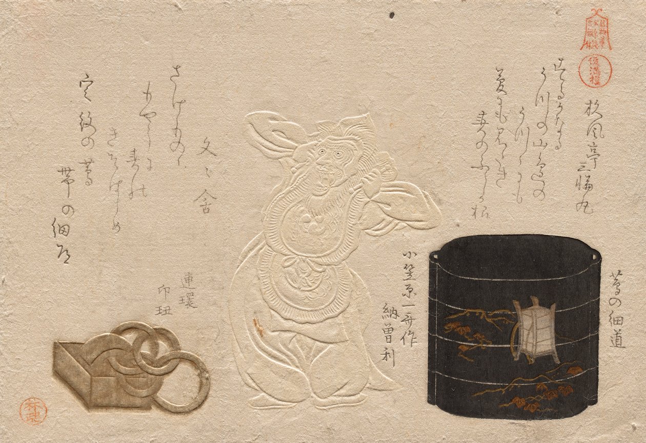 Tre antikviteter, fra serien Esteemed Objects: Læder; Inro?; Netsuke (Meibutsu: Kawa; do? inro?; do? netsuke) af Kubo Shunman
