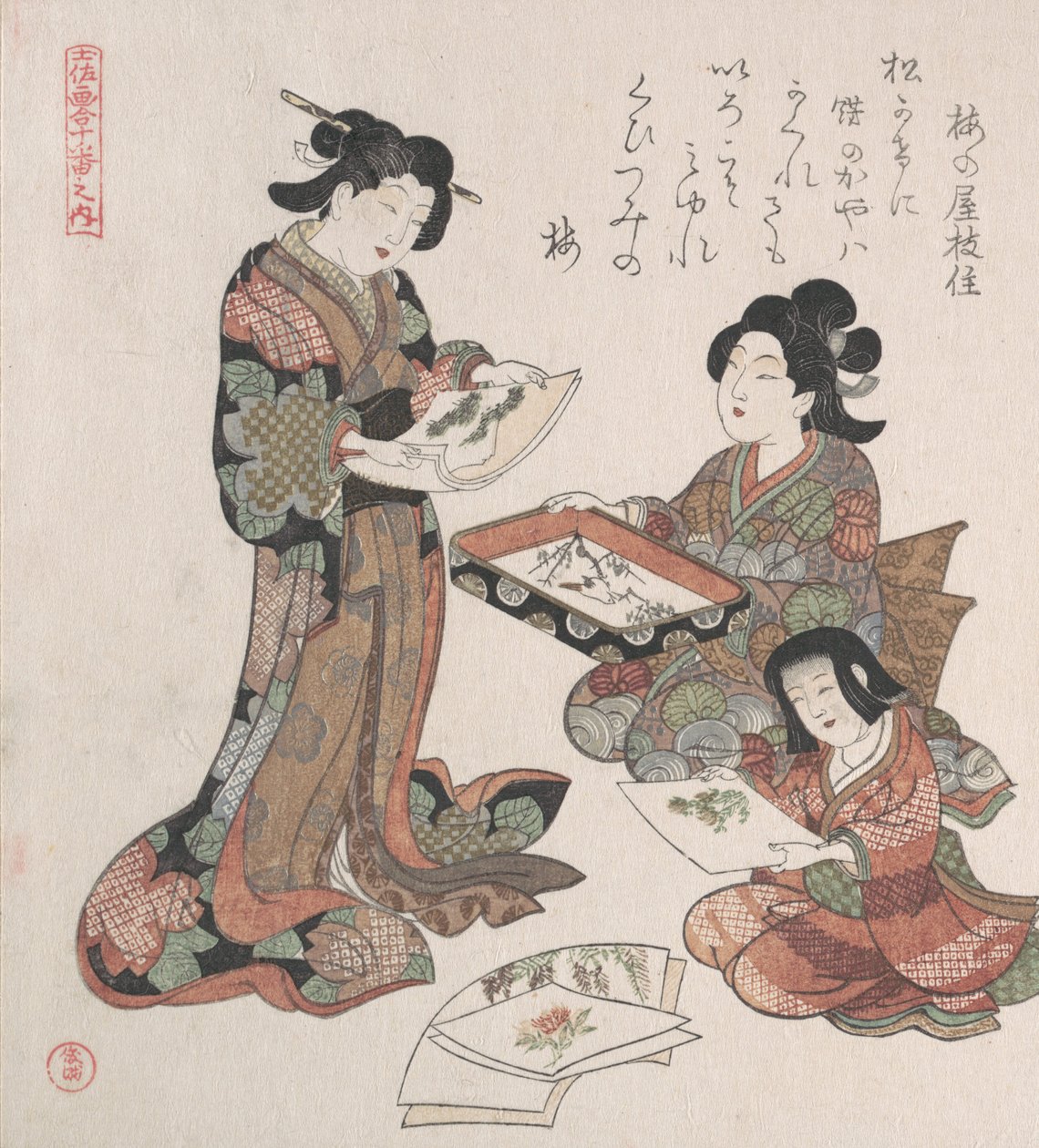 To kvinder og en pige ser på malerier, sandsynligvis 1815. af Kubo Shunman