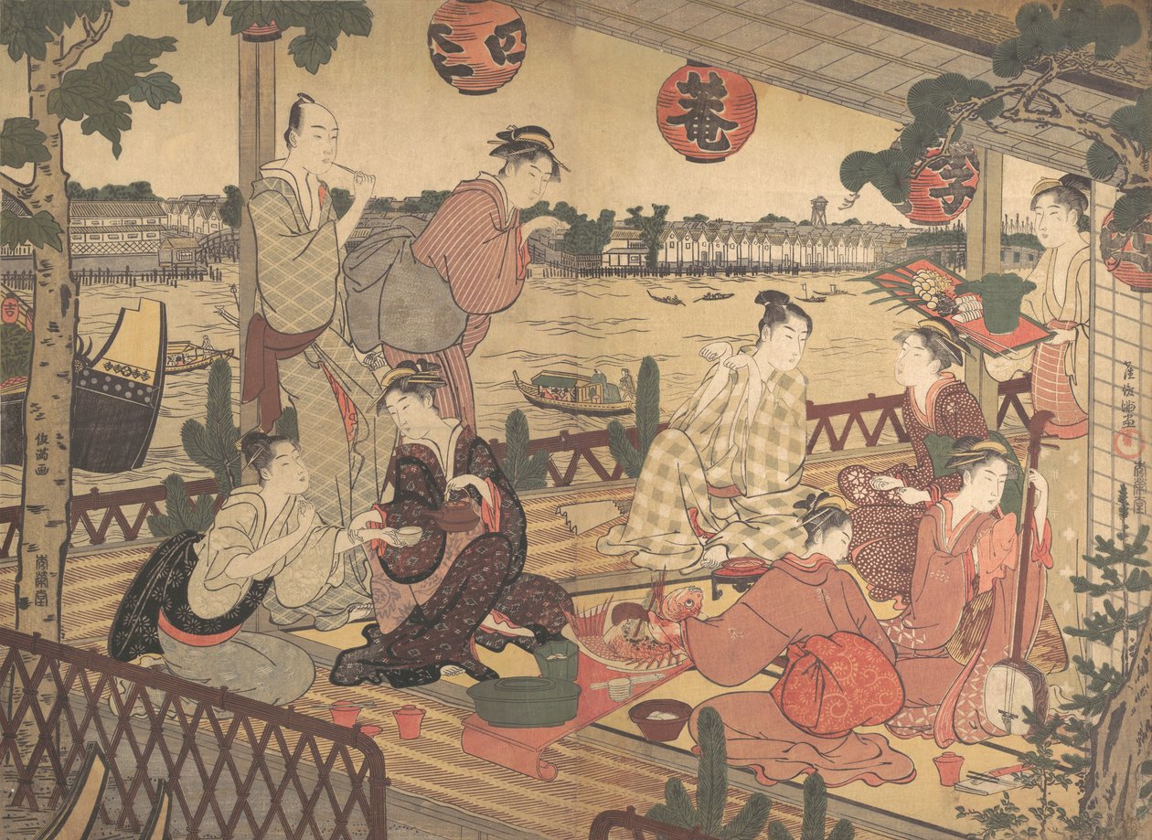 To unge mænd og flere kvinder spiste i et tehus på bredden af Sumida-floden, ca. 1788. af Kubo Shunman