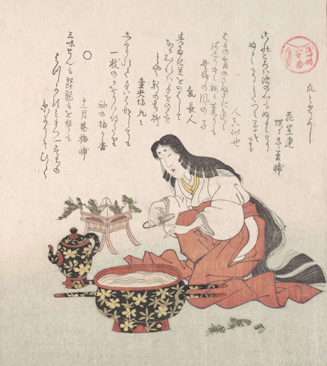 Kvinde klipper sine negle efter at have samlet urter, 1800-tallet. af Kubo Shunman