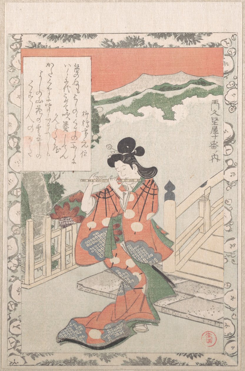 Ung kvinde spiller fløjte ved en bro, 1800-tallet. af Kubo Shunman