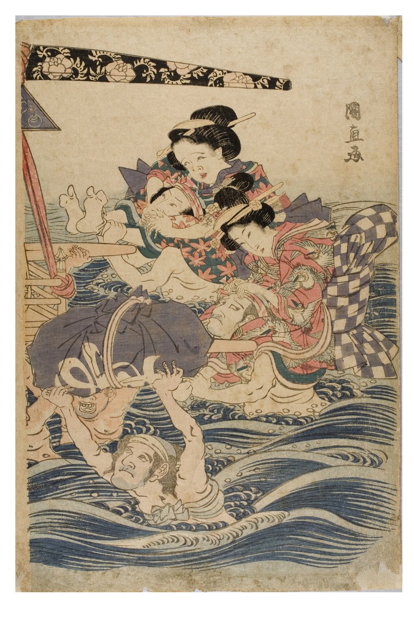 Forårsscene med unge kvinder på rejse, ca. 1786-1864 (træbloktryk på papir) af Kuninaga Utagawa