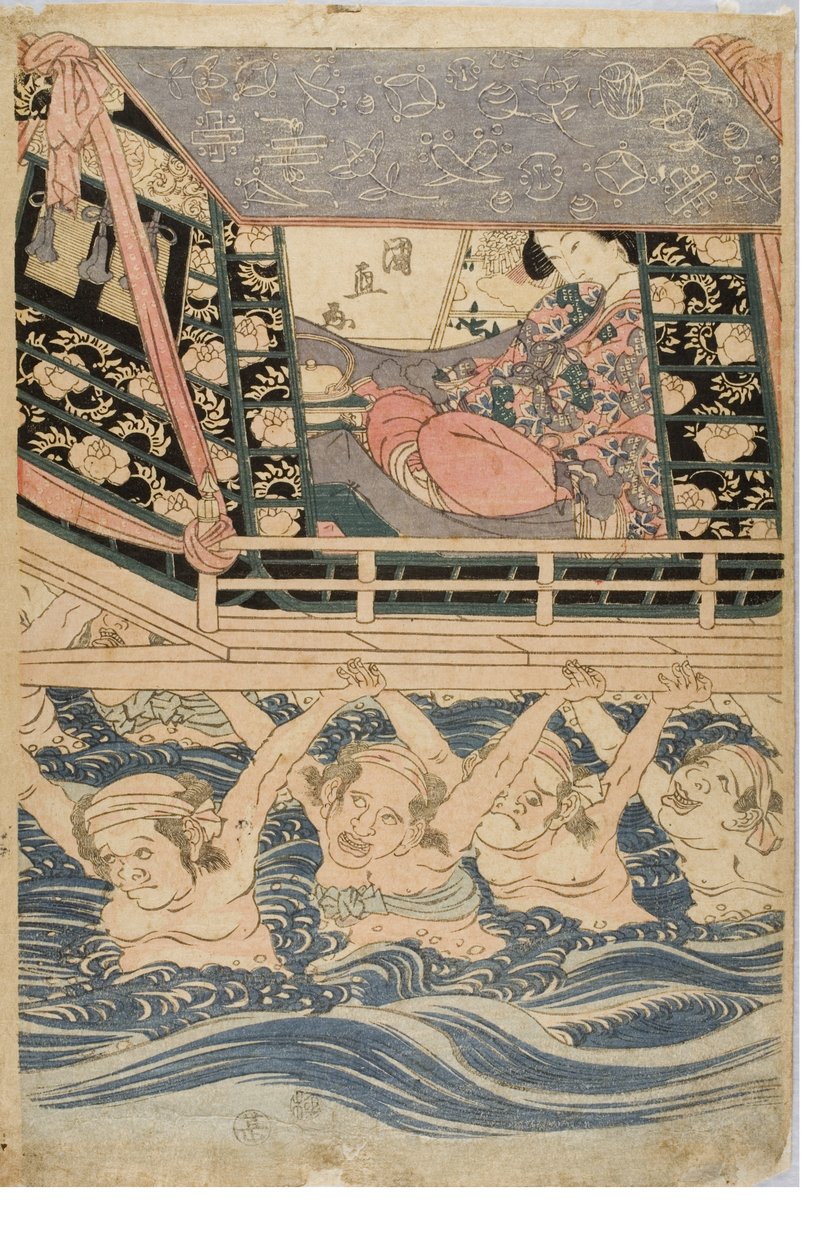 Forårsscene med unge kvinder på rejse, ca. 1786-1864 (træbloktryk på papir) af Kuninaga Utagawa