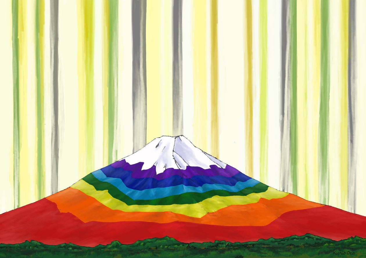 Regnbuefarvet Fuji-bjerg i lyset #2, 2023 (digitalt maleri) af Kunio Ota
