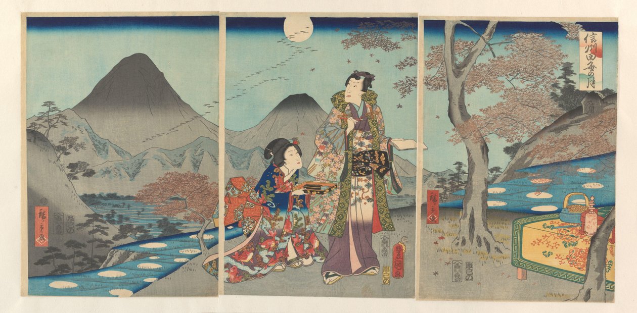 Månen spejlede sig i Shinanos rismarker Shinshû tagoto no tsuki (titel på objekt) af Kunisada (II) , Utagawa