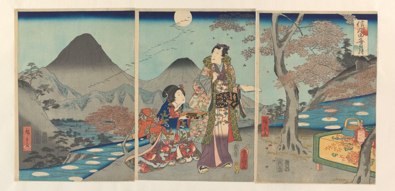 Månen spejlede sig i Shinanos rismarker Shinshû tagoto no tsuki (titel på objekt) af Kunisada (II) , Utagawa