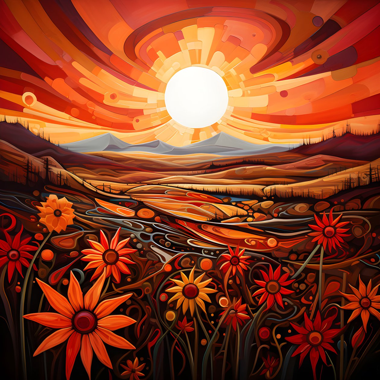 Abstrakt landskabskunst med et felt med vilde blomster og en fed rød sol. 4 af Kurt Heppke