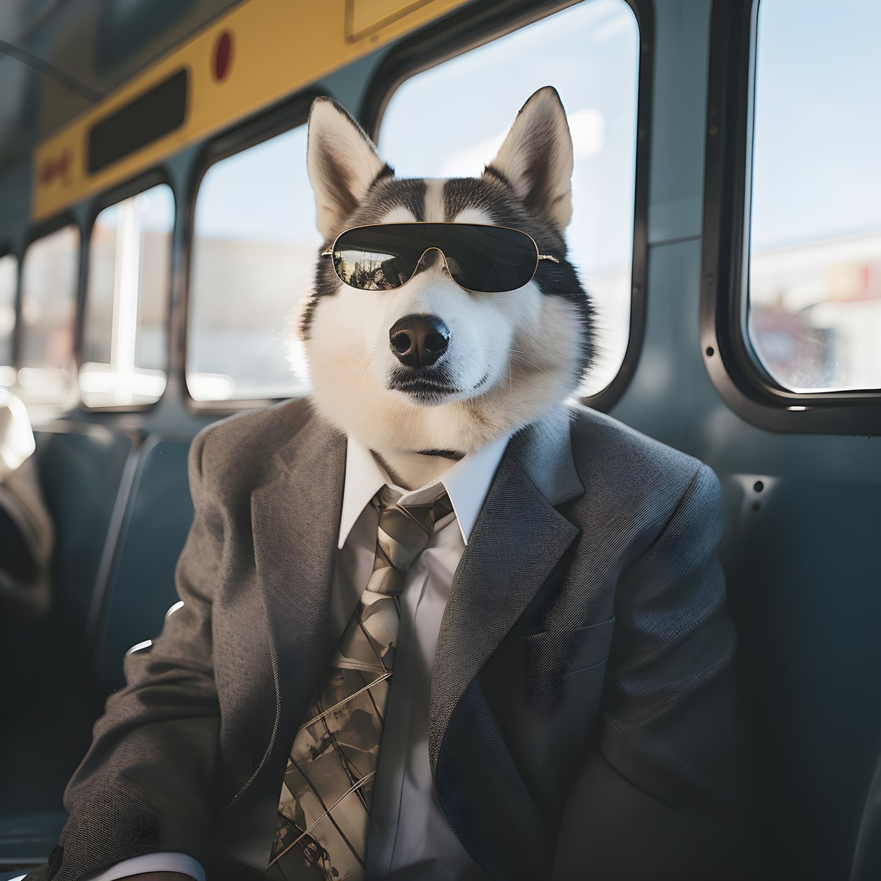 En Siberian Husky-hund i jakkesæt og solbriller på busstationen, som en gentleman 2 af Kurt Heppke