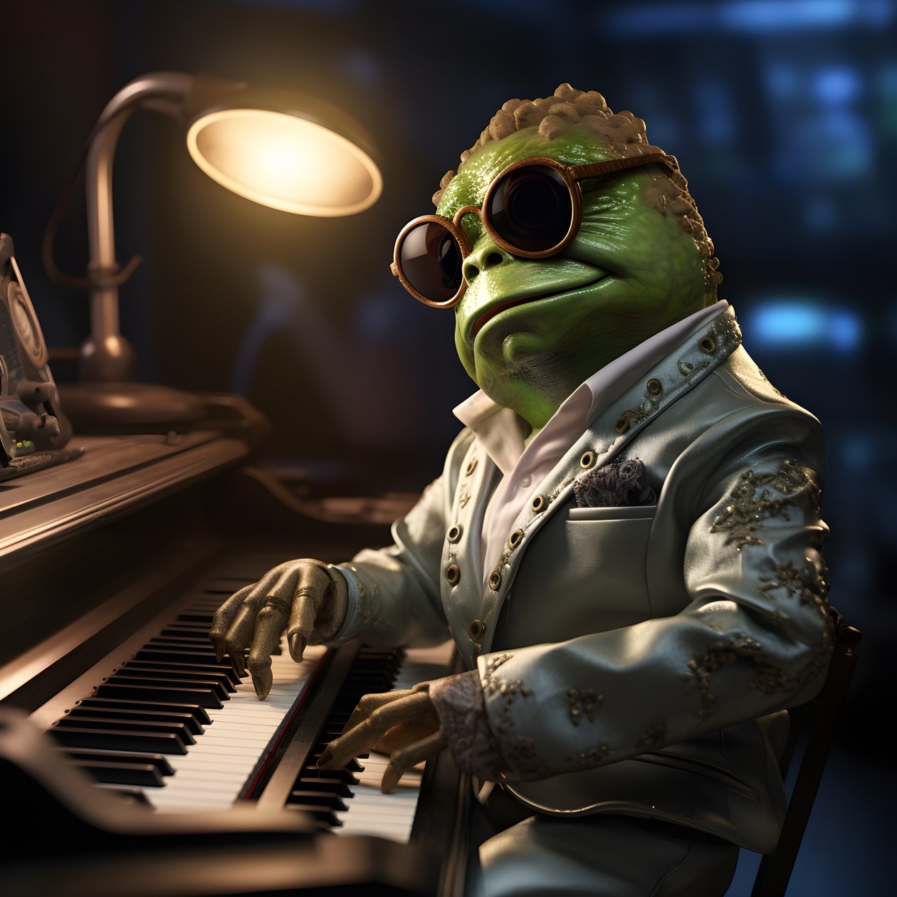 Elton John som en frø med solbriller og klaver 1 af Kurt Heppke