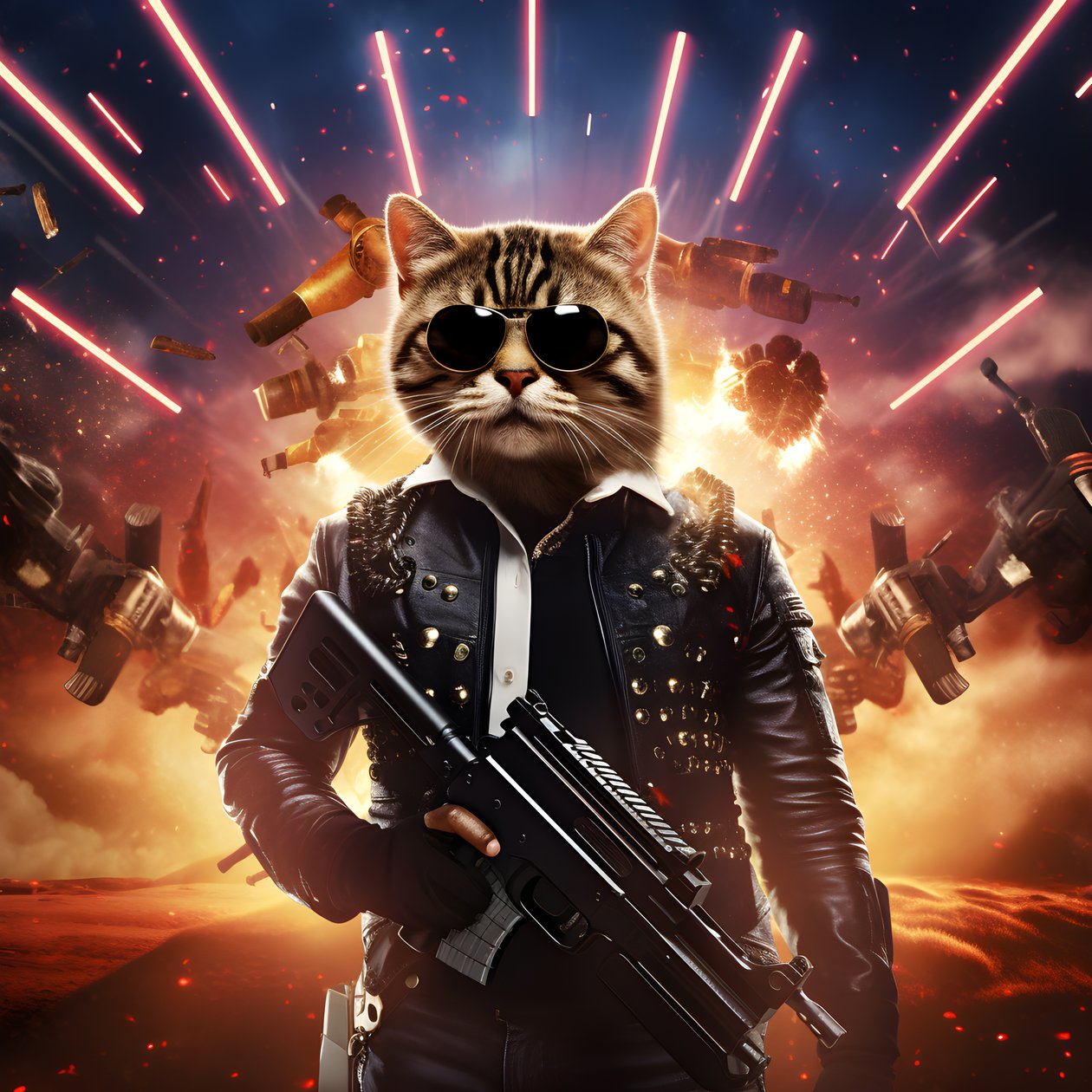 Filmplakat af en kat iført en sort og hvid prikket skjorte og skinnende solbriller med eksplosioner og kanoner i baggrunden 2 af Kurt Heppke
