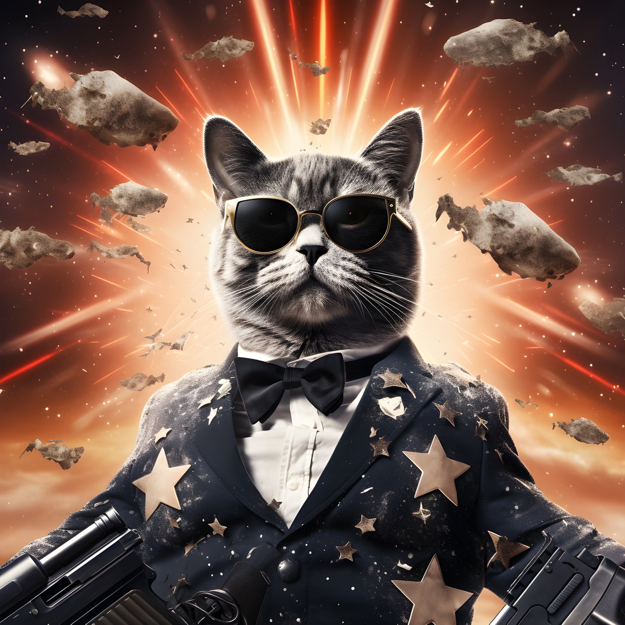 Filmplakat af en kat iført en sort og hvid prikket skjorte og skinnende solbriller med eksplosioner og kanoner i baggrunden 4 af Kurt Heppke