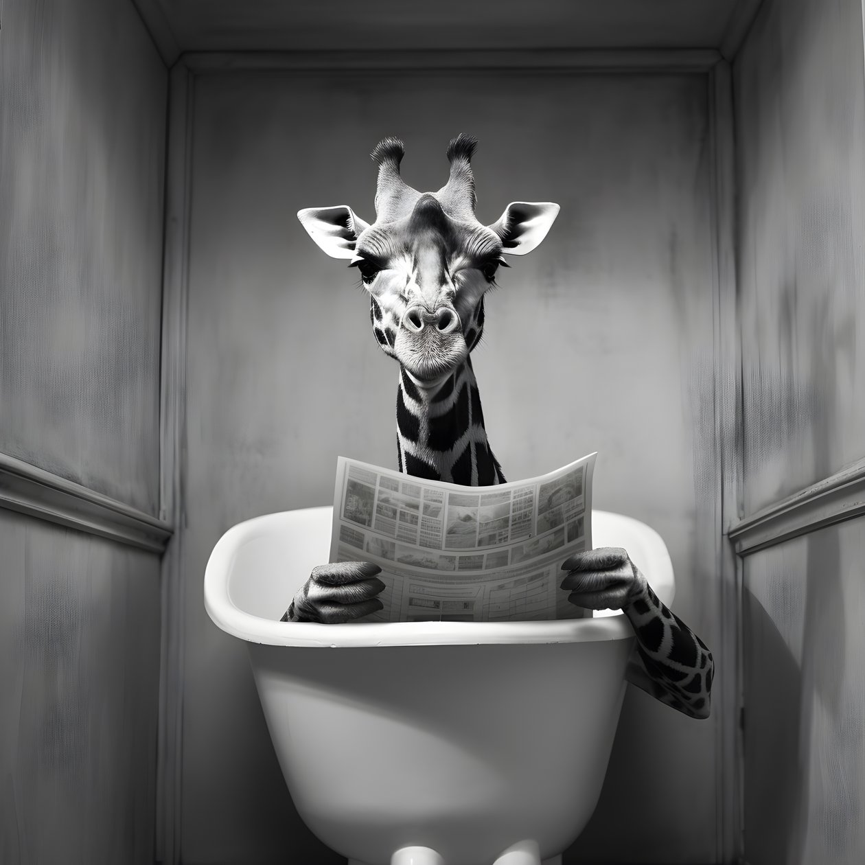 Glad giraf sidder på toilettet med avis 1 af Kurt Heppke