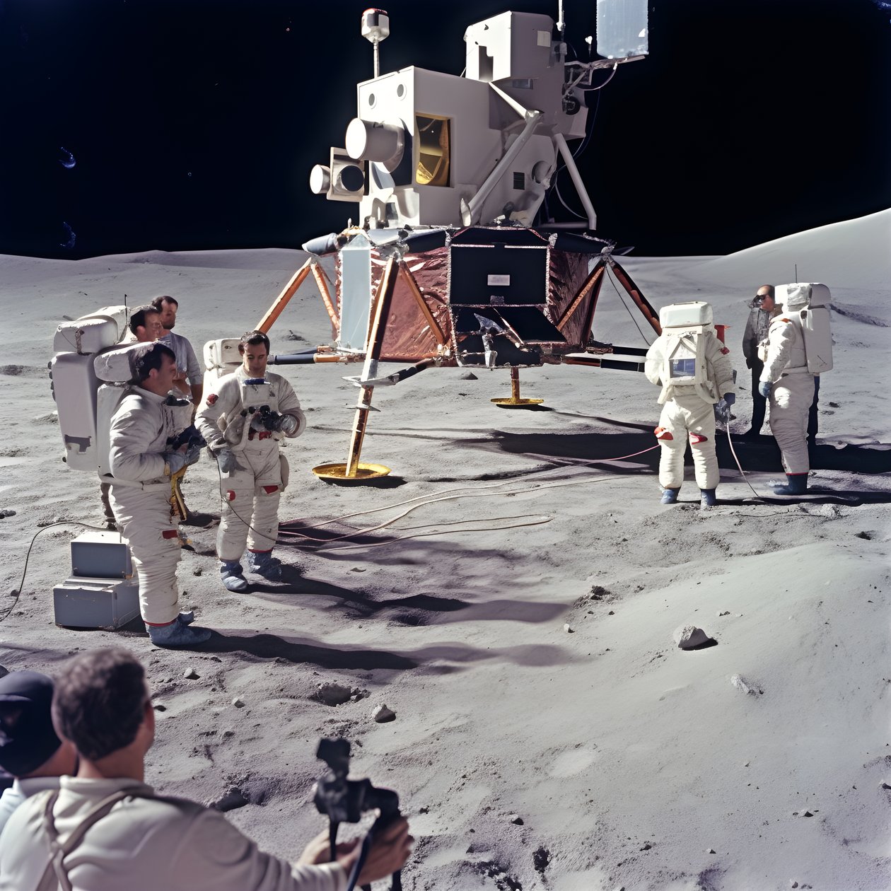 Ryhmä ihmisiä tv-kameran kanssa näyttämään Apollo 11 -projektin väärennöksiä 2 af Kurt Heppke
