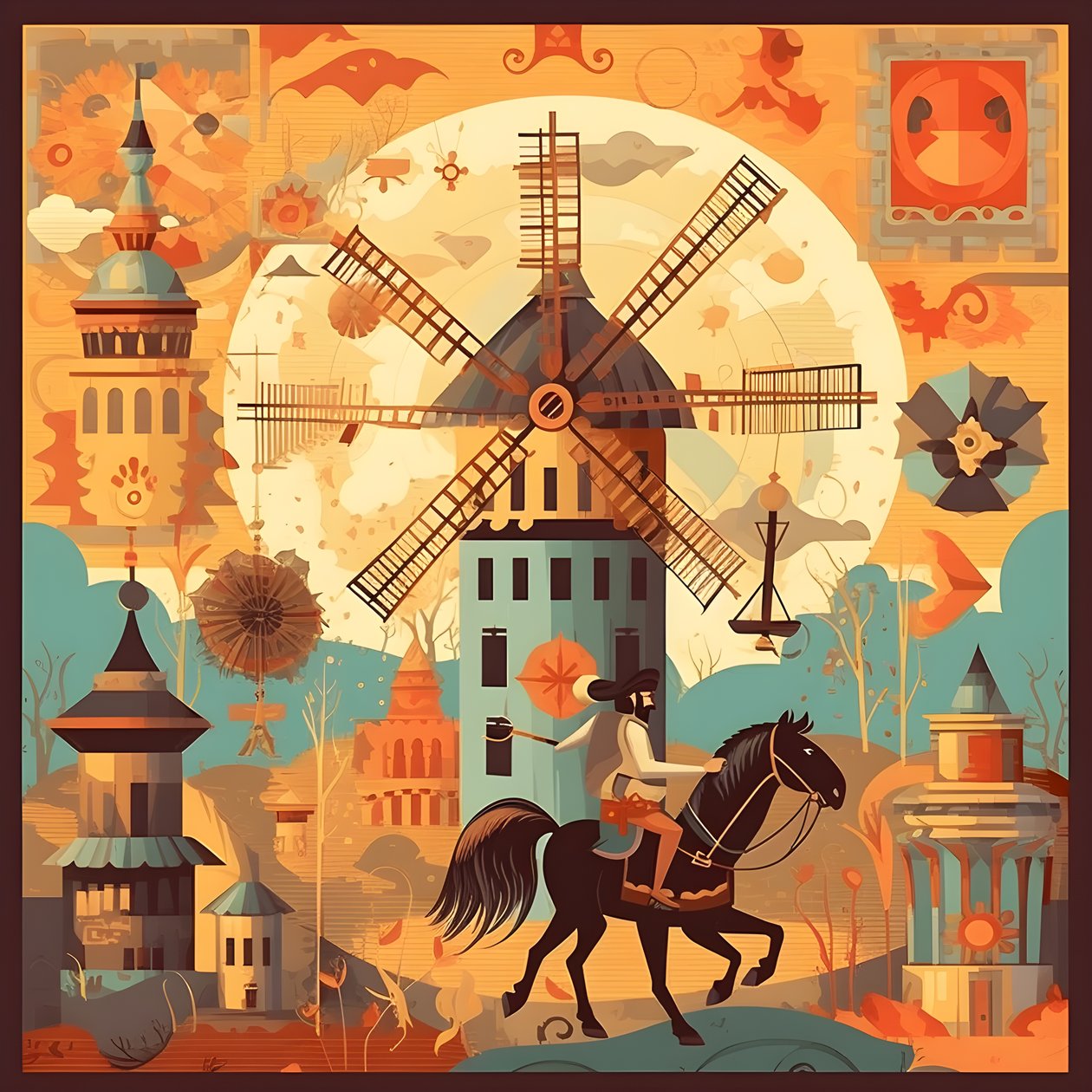Tausta Don Quijote äärioikealla aasillaan, niin pieni kuin varjo, tuulimyllyjen edessä, sopiva tausta 1 af Kurt Heppke