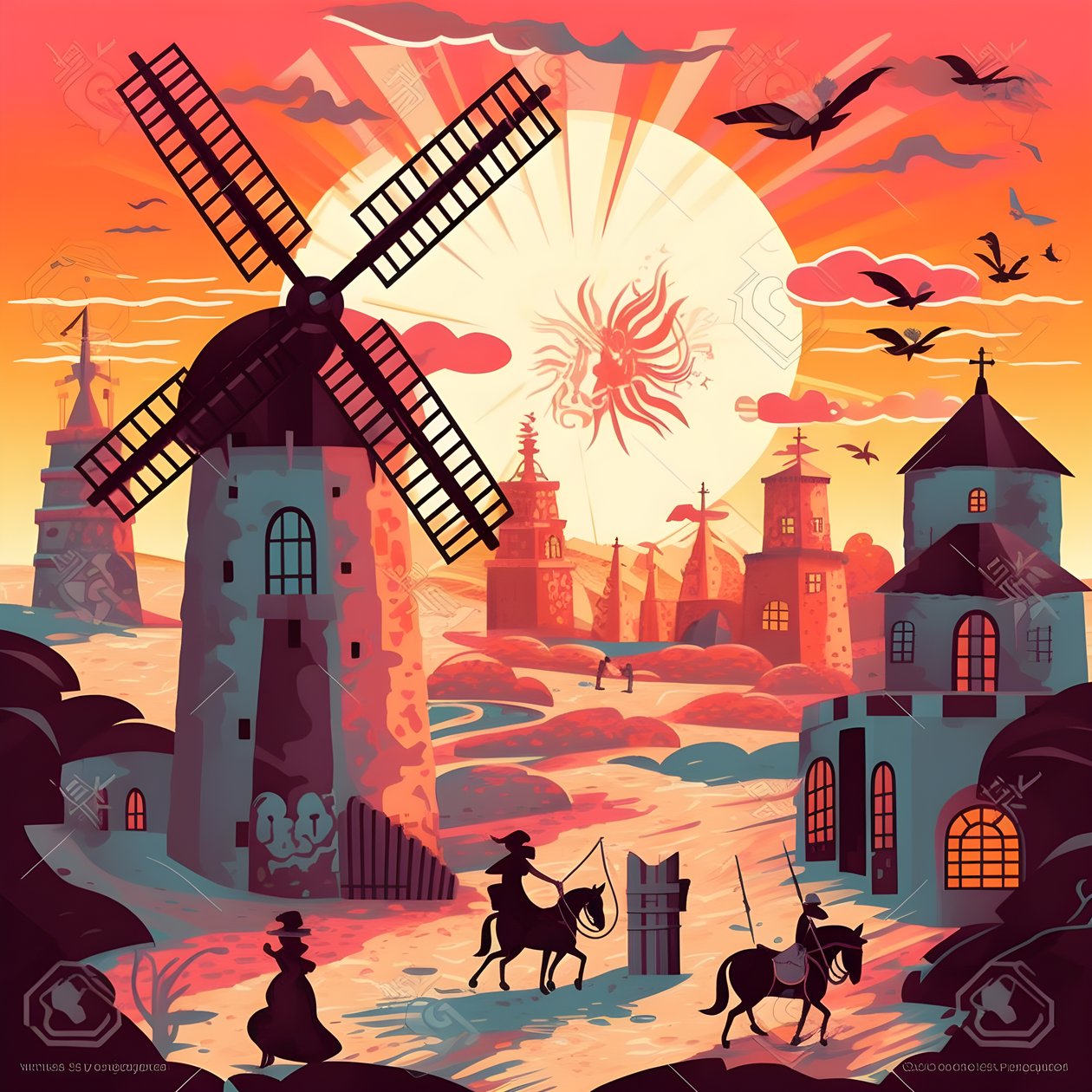 Baggrund Don Quixote yderst til højre på sit æsel så lille som en skygge, foran vindmøllerne, en passende kulisse 2 af Kurt Heppke
