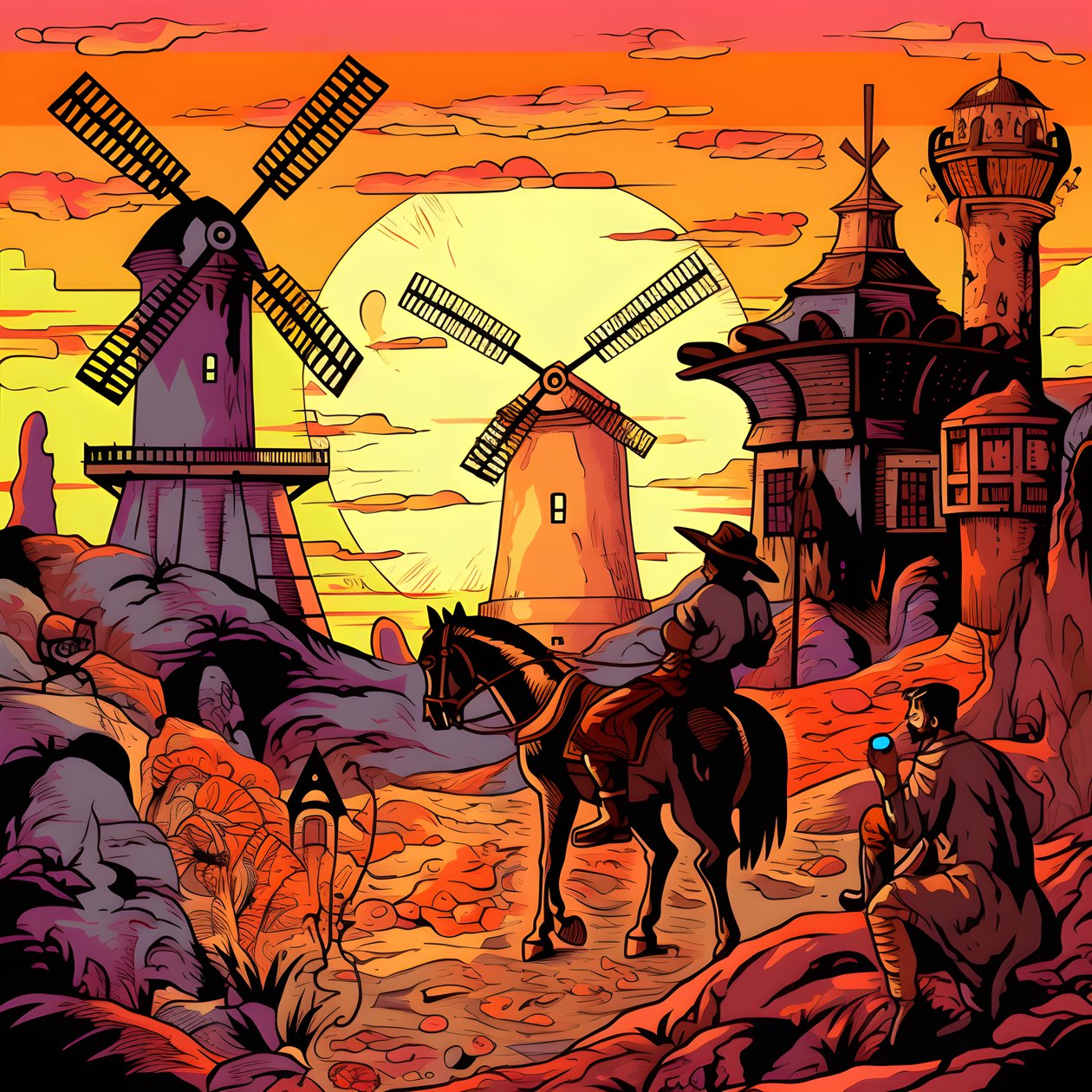 Baggrund Don Quixote yderst til højre på sit æsel så lille som en skygge, foran vindmøllerne, en passende kulisse 3 af Kurt Heppke