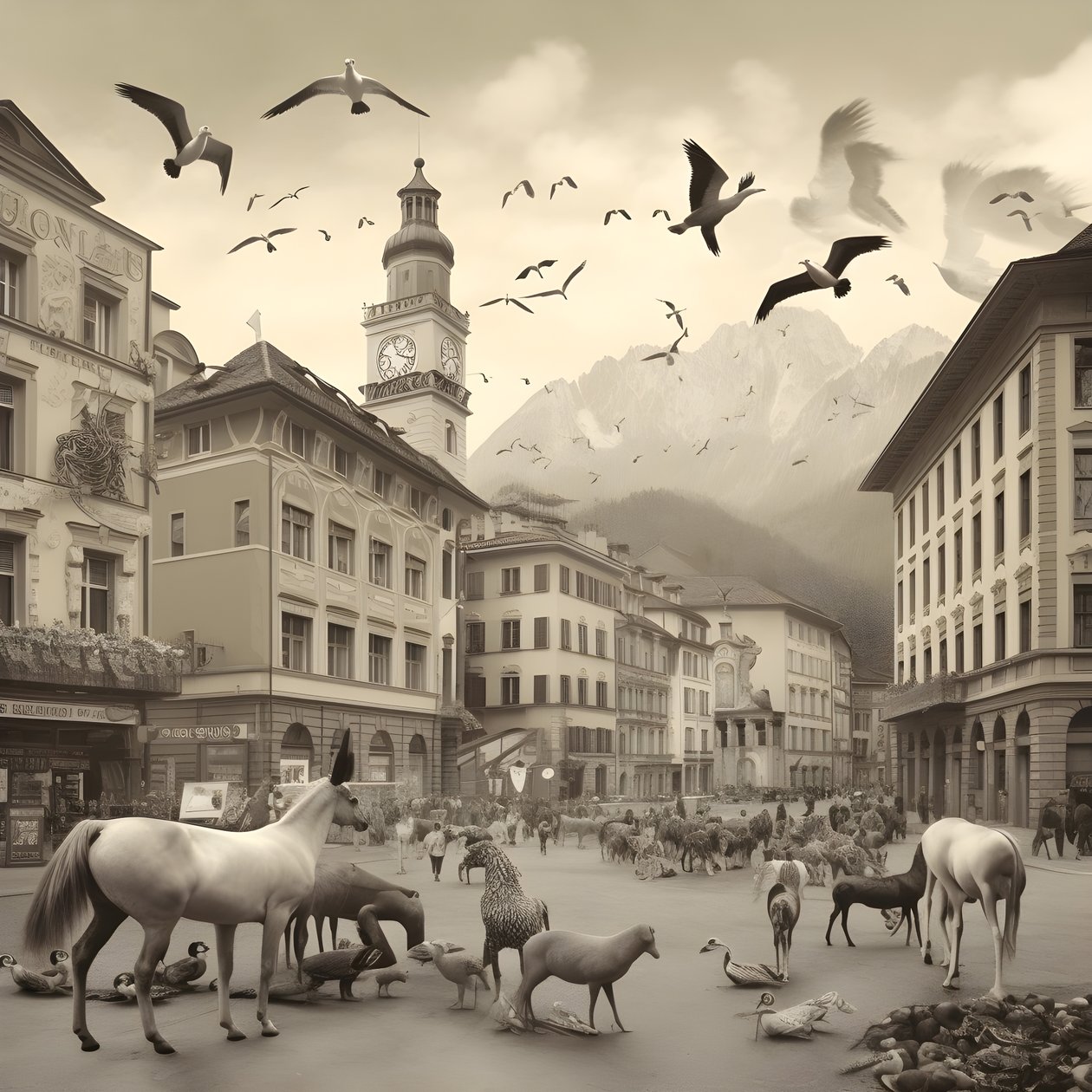 Innsbruck i et gammelt fotografi med elegante zebraer, måger, aber og lerfigurer. 1 af Kurt Heppke