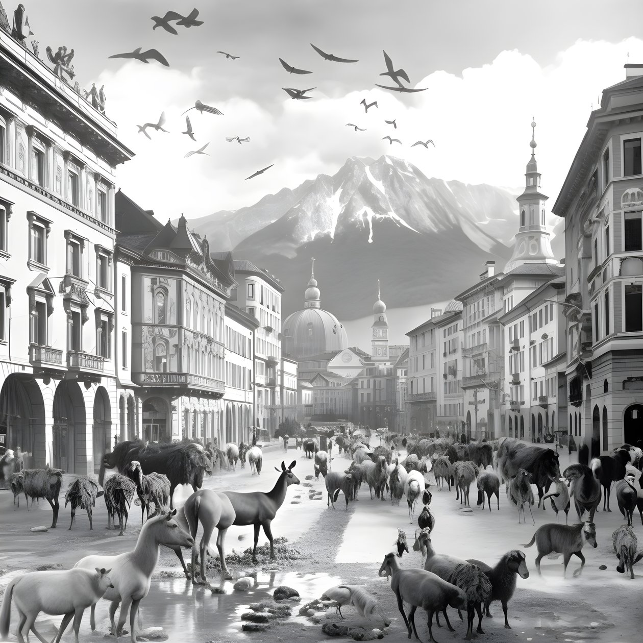 Innsbruck i et gammelt fotografi med elegante zebraer, måger, aber og lerfigurer. 2 af Kurt Heppke
