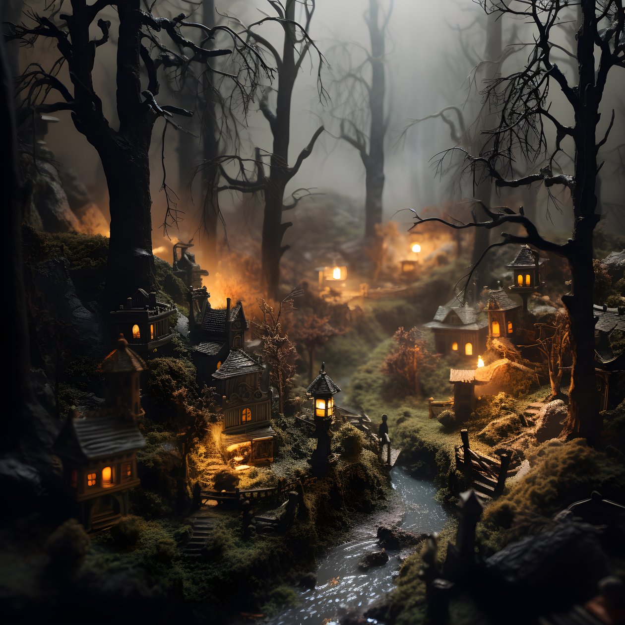 Miniature tilt-shift Halloween-skov med tågede træer og en uhyggelig atmosfære 2 af Kurt Heppke