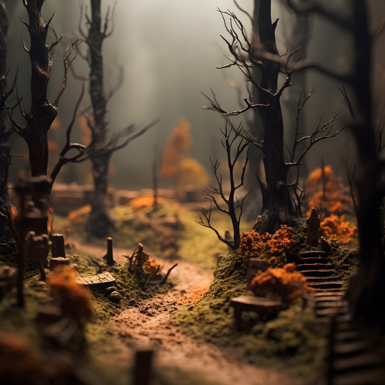 Pienoiskokoinen halloween-metsä, jossa on sumuisia puita ja pelottava tunnelma 3 af Kurt Heppke