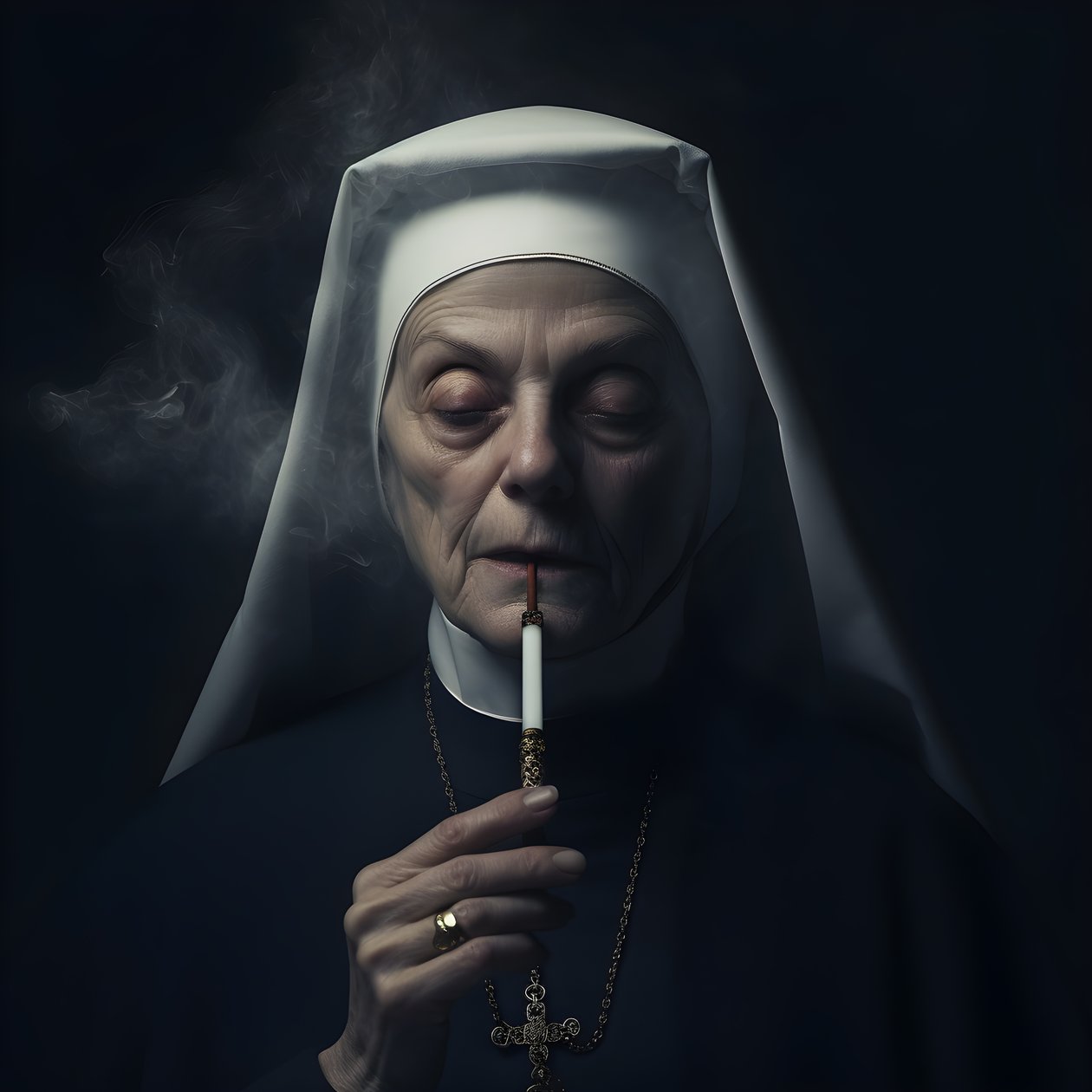 Nonne med diamanthalskæde, der ryger en cigarrulle 1 af Kurt Heppke
