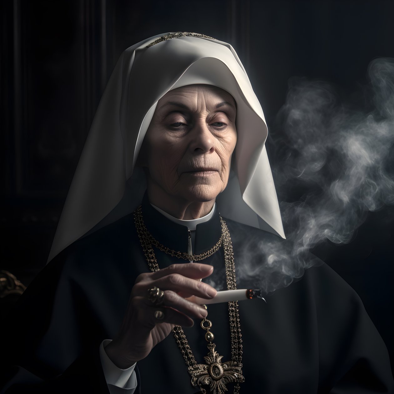 Nonne med diamanthalskæde, der ryger en cigarrulle 3 af Kurt Heppke