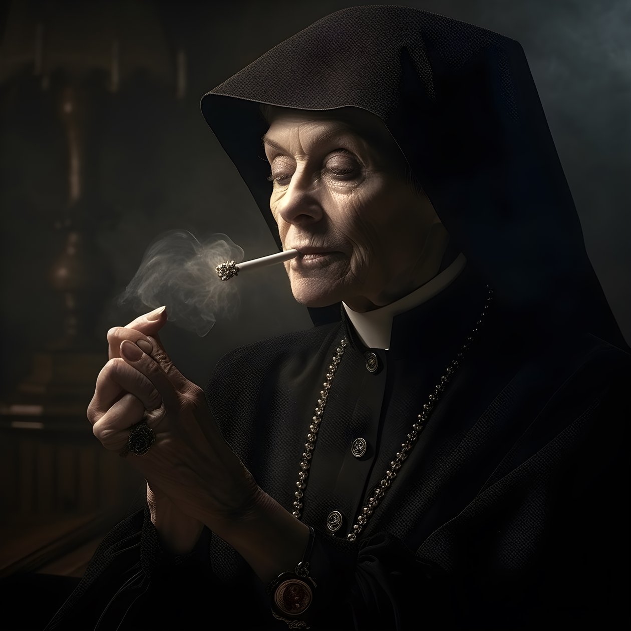Nonne med diamanthalskæde, der ryger en cigarrulle 4 af Kurt Heppke