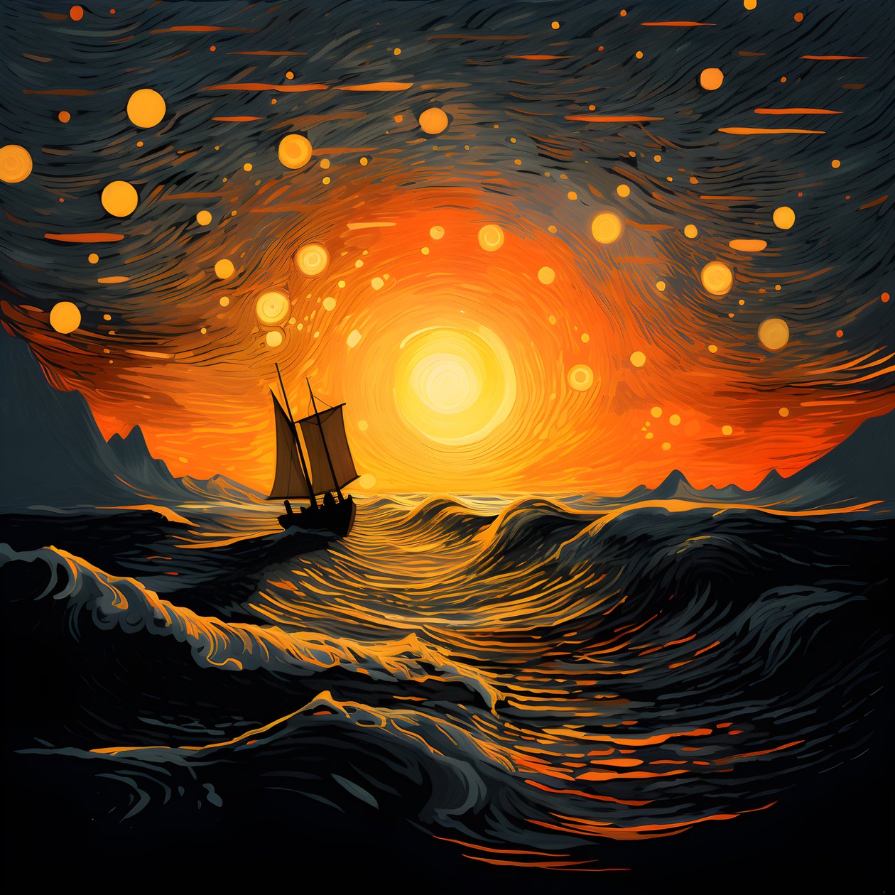 Solnedgang, orange-gul sol, skyer, fem roterende cirkler af skyer på en stor himmel, præcise bølger og orange-gule solnedgangsskyer reflekteret på bølgerne, en båd går ud til havet 1 af Kurt Heppke