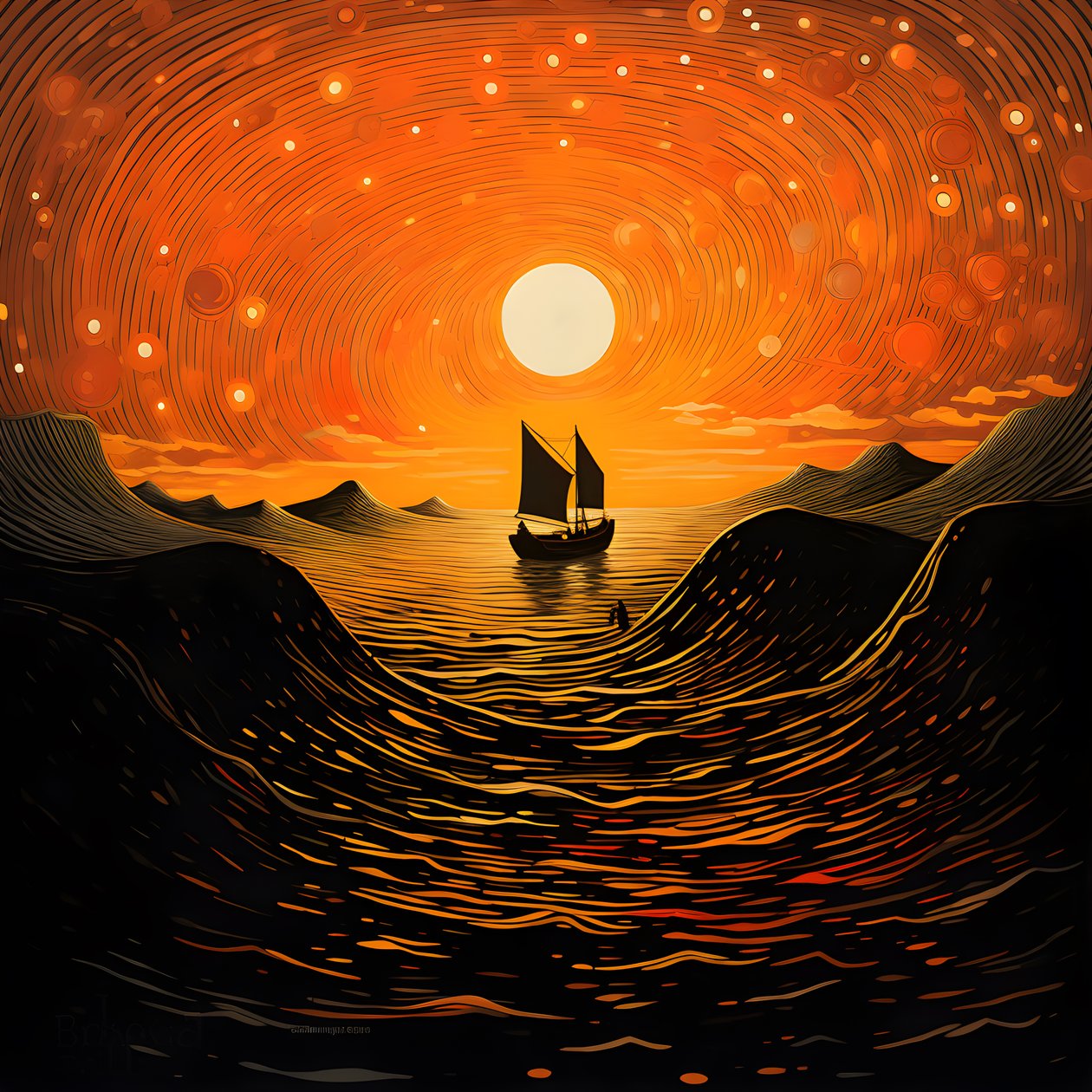 Solnedgang, orange-gul sol, skyer, fem roterende cirkler af skyer på en stor himmel, præcise bølger og orange-gule solnedgangsskyer reflekteret på bølgerne, en båd går ud til havet 2 af Kurt Heppke