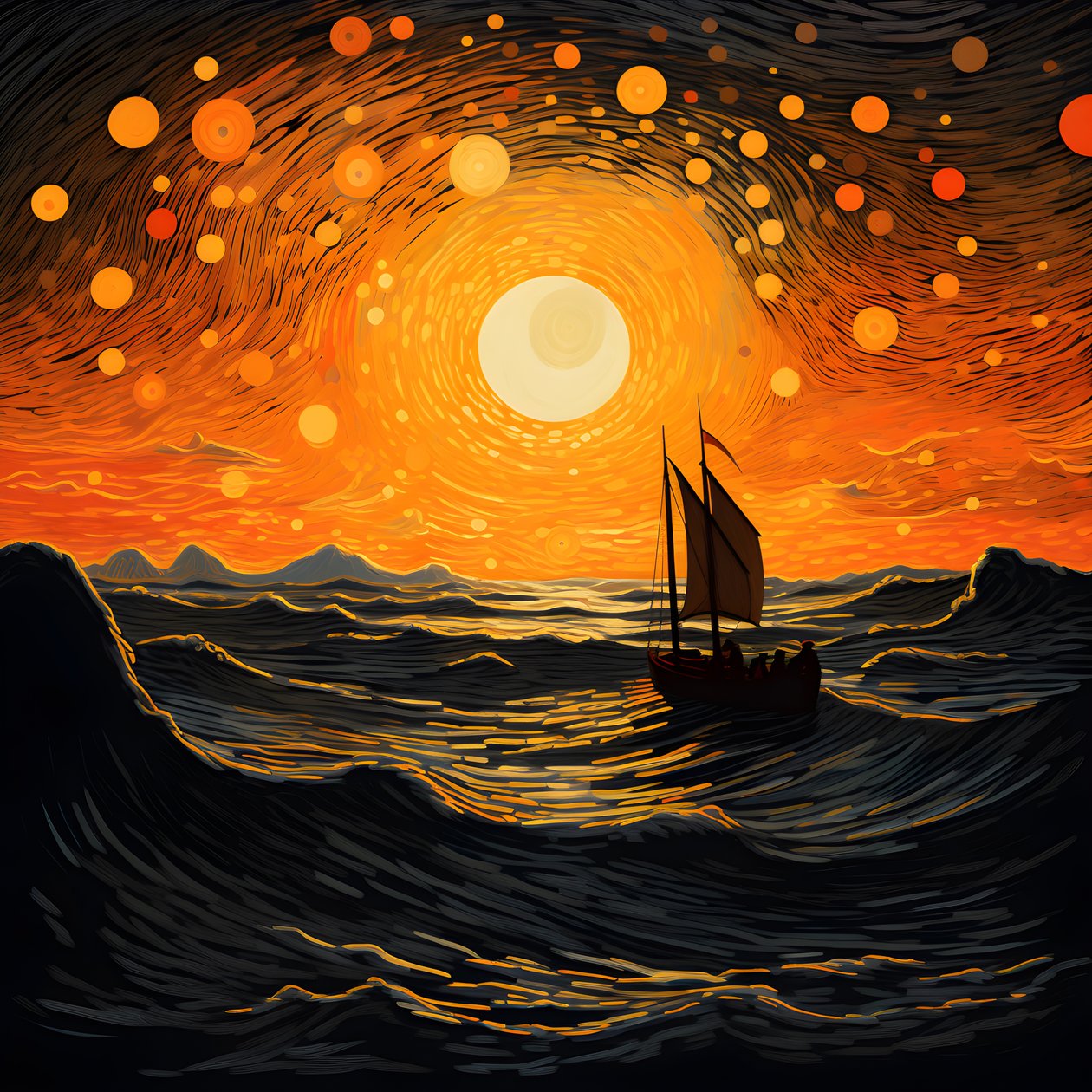 Solnedgang, orange-gul sol, skyer, fem roterende cirkler af skyer på en stor himmel, præcise bølger og orange-gule solnedgangsskyer reflekteret på bølgerne, en båd går ud til havet 4 af Kurt Heppke