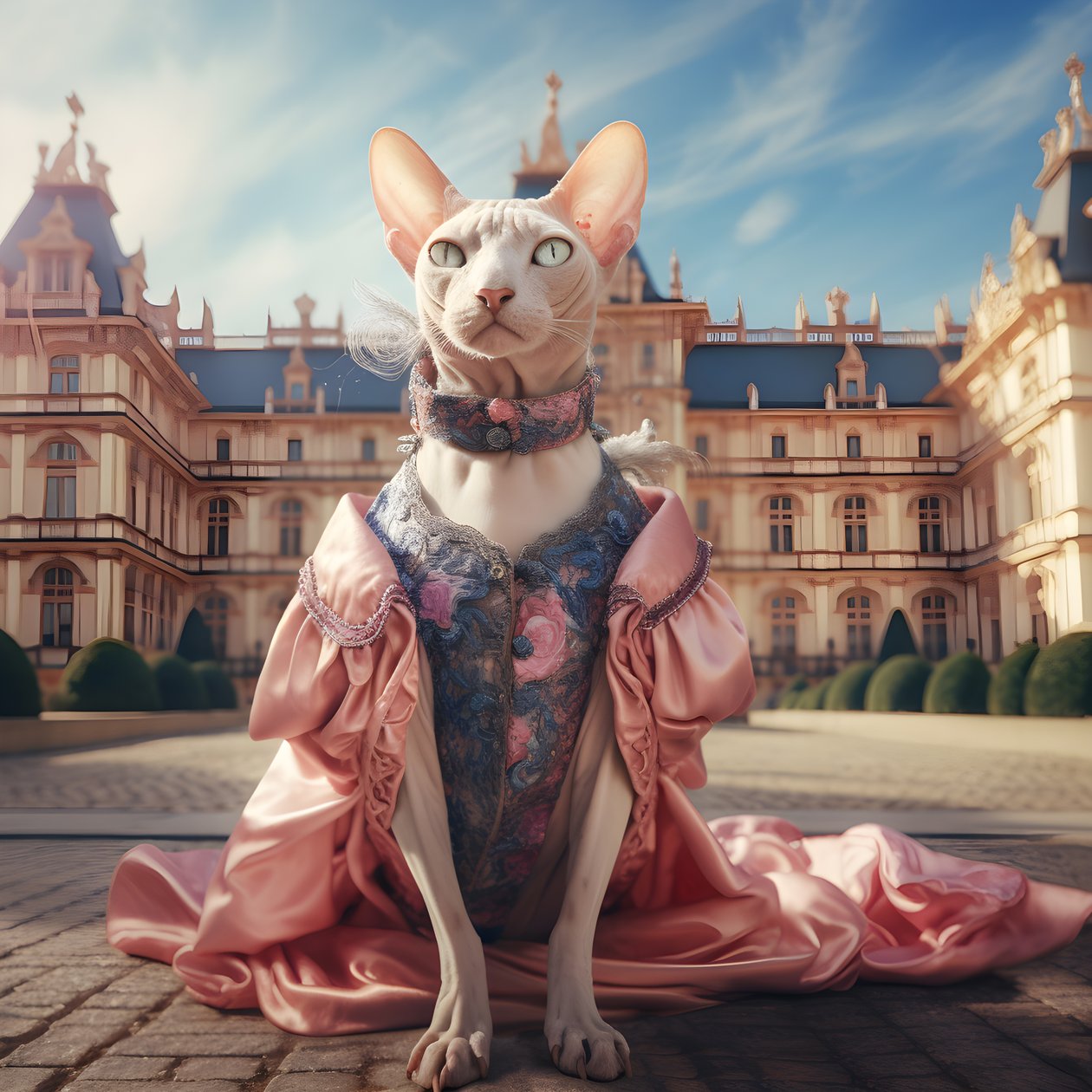 Sphynx kat i en balkjole på baggrund af et storslået palads i middelalderstil 1 af Kurt Heppke