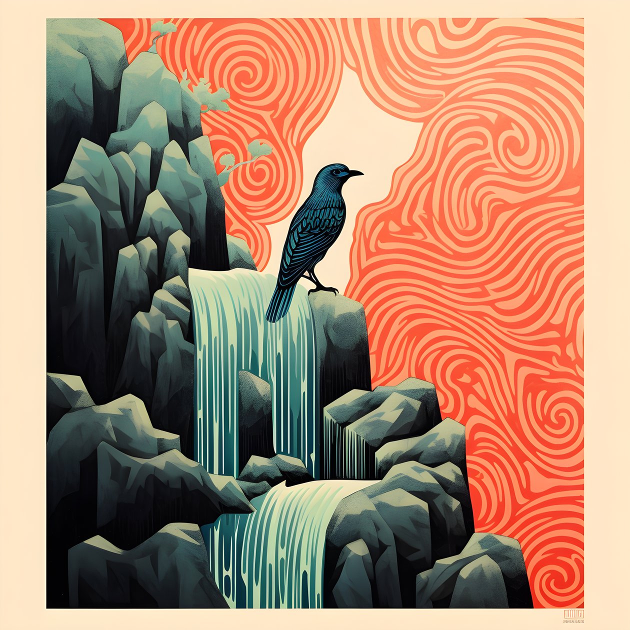 Ultra-minimalistisk illustration af en farverig tropisk fugl, der sidder på en forgrenet plante foran en bjergstrøm med et smukt vandfald 3 af Kurt Heppke