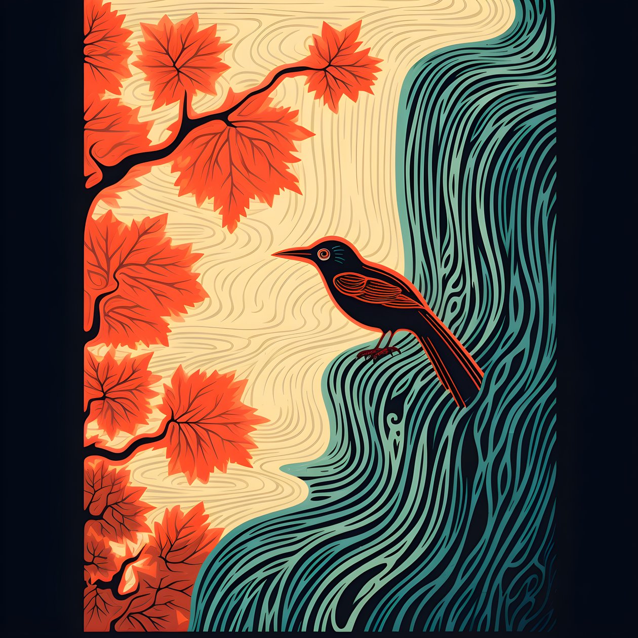 Ultra-minimalistisk illustration af en farverig tropisk fugl, der sidder på en forgrenet plante foran en bjergstrøm med et smukt vandfald 4 af Kurt Heppke