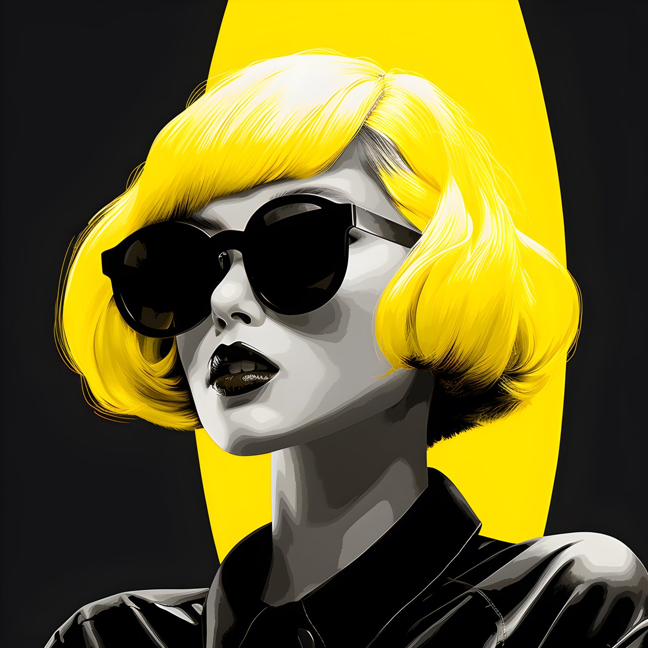 en illustration af en pige iført gule solbriller med hår i ansigtet og med ører, i stil med film noir æstetik 1 af Kurt Heppke