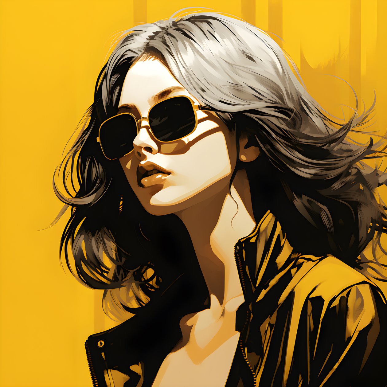 en illustration af en pige iført gule solbriller med hår i ansigtet og med ører, i stil med film noir æstetik 2 af Kurt Heppke