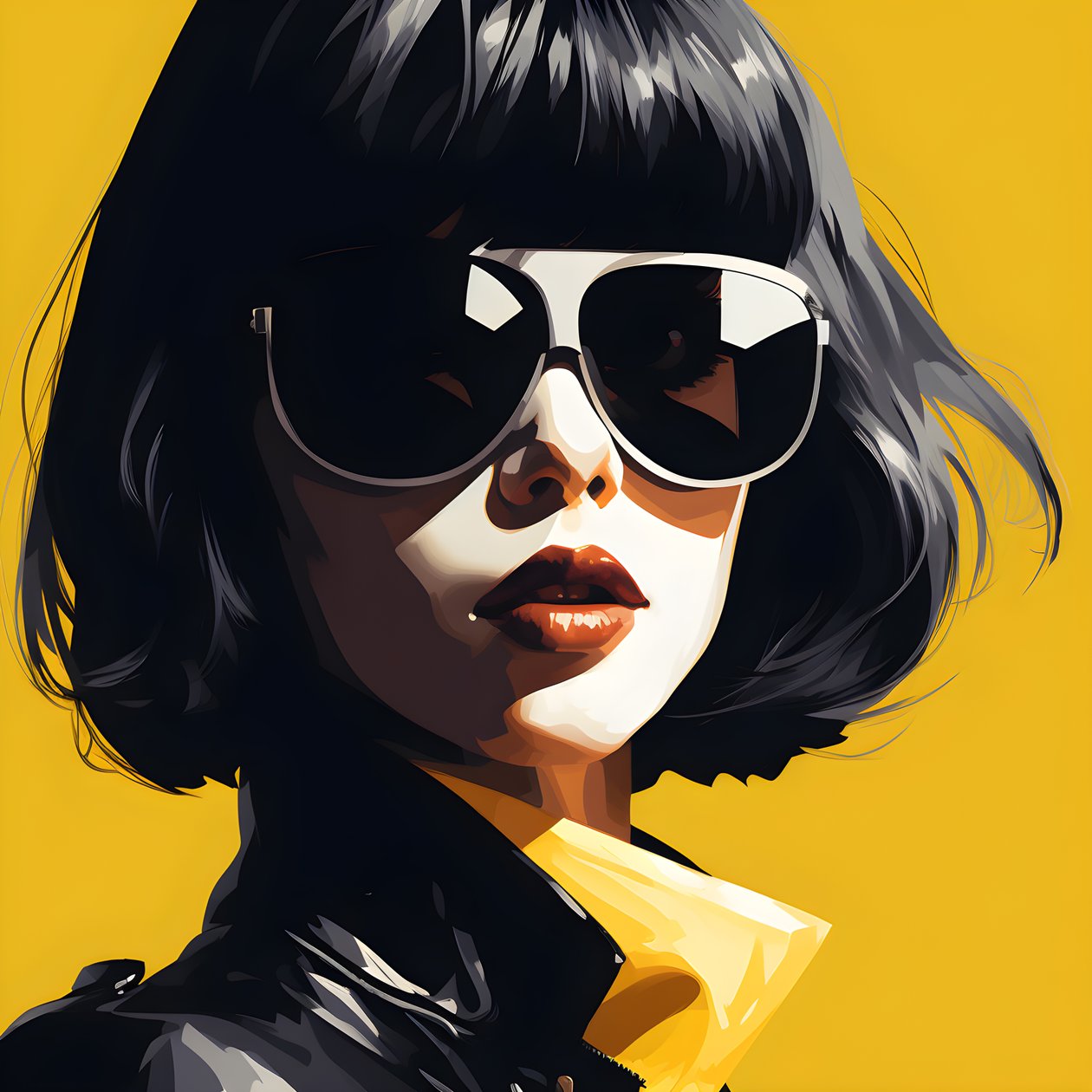 en illustration af en pige iført gule solbriller med hår i ansigtet og med ører i stil med film noir æstetik 3 af Kurt Heppke