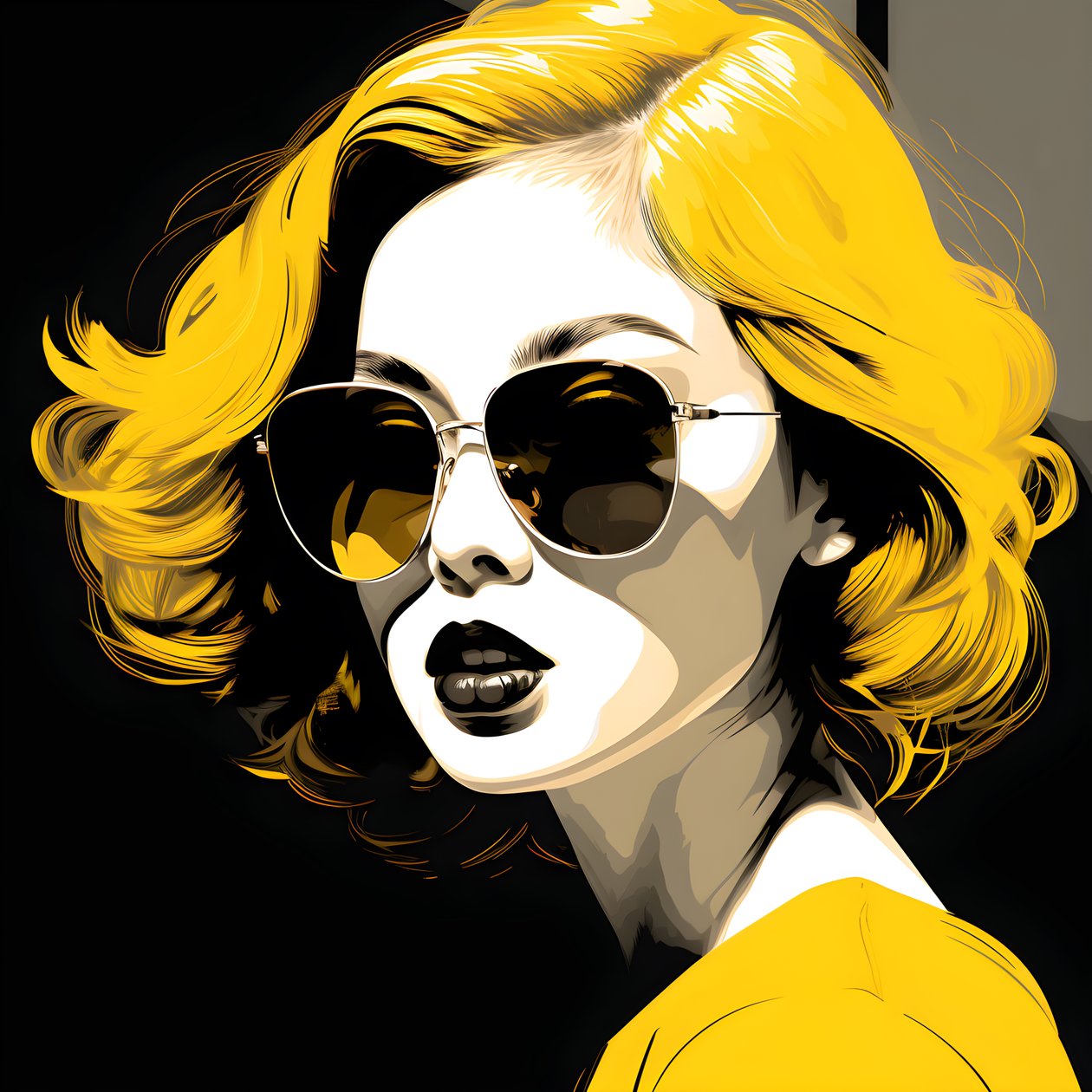 en illustration af en pige iført gule solbriller med hår i ansigtet og med ører i stil med film noir æstetik 4 af Kurt Heppke