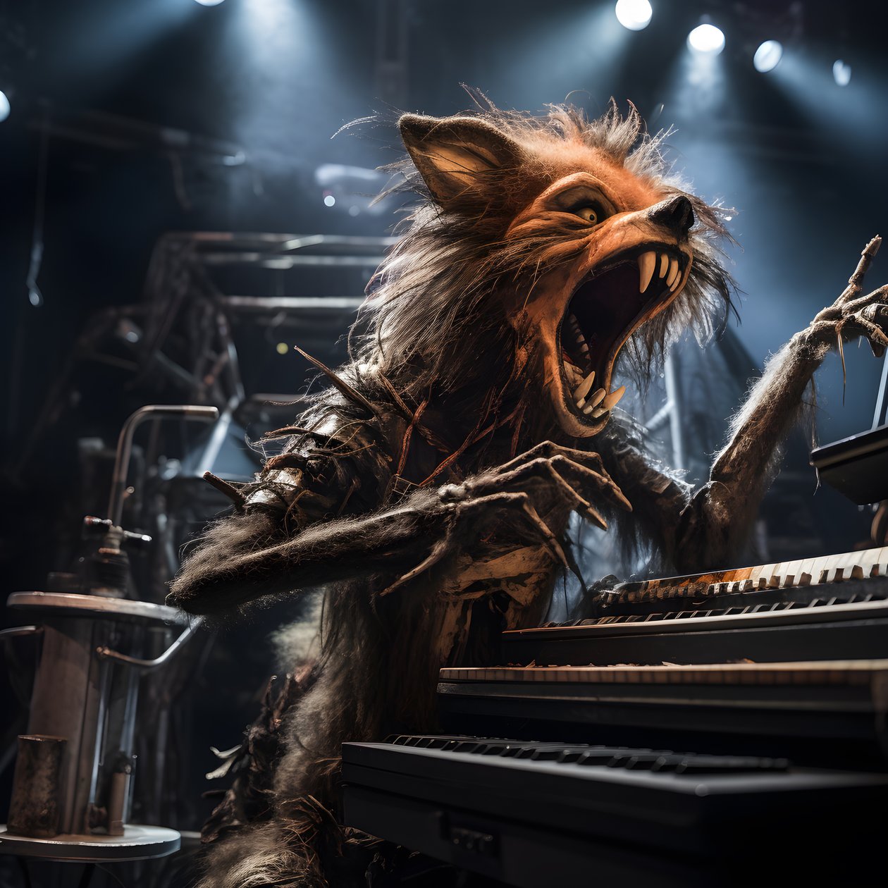 uhyggelig, behåret, ødelagt dyreanimatronik, der fremfører musik på en scene 2 af Kurt Heppke