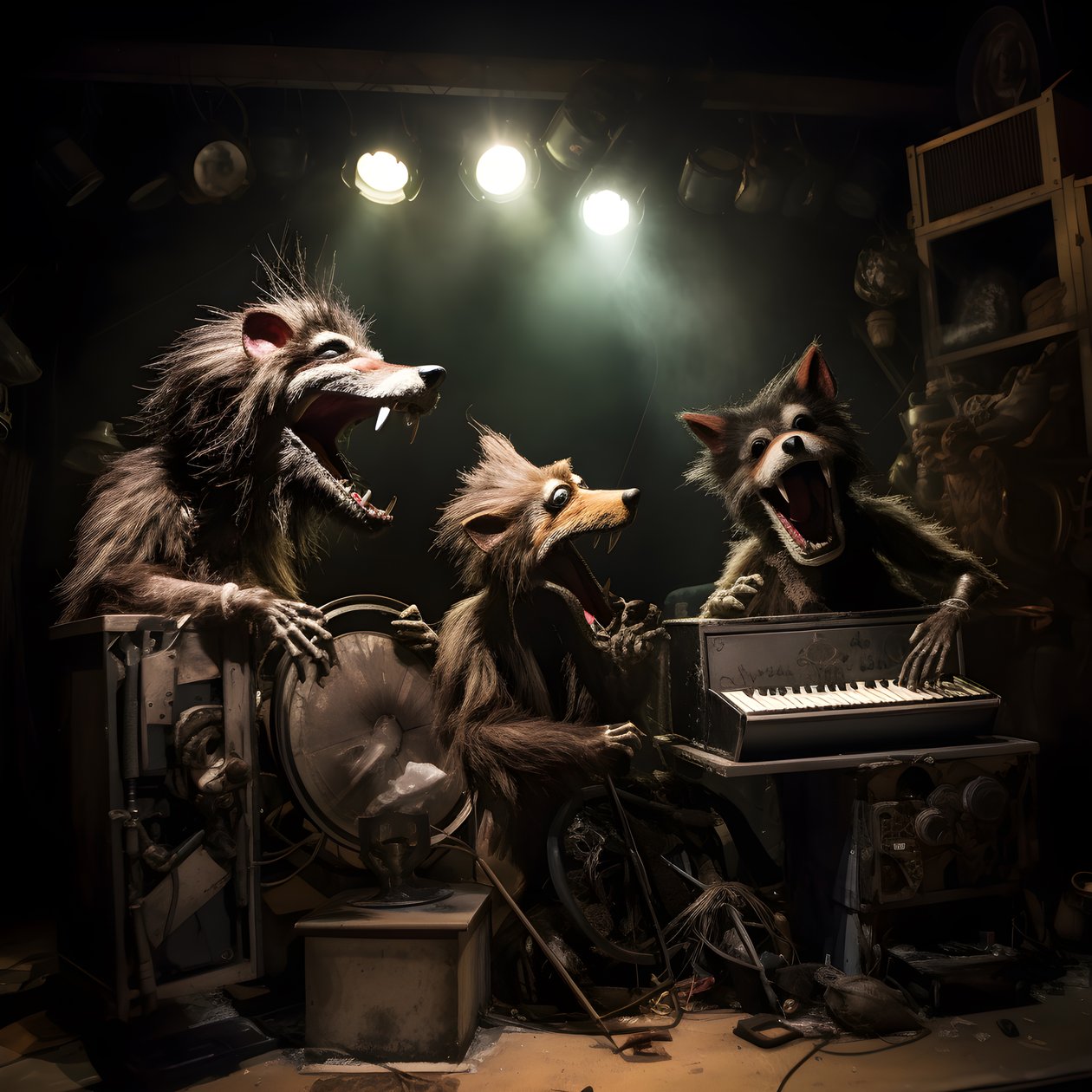 uhyggelig, behåret, ødelagt dyreanimatronik, der fremfører musik på en scene 3 af Kurt Heppke