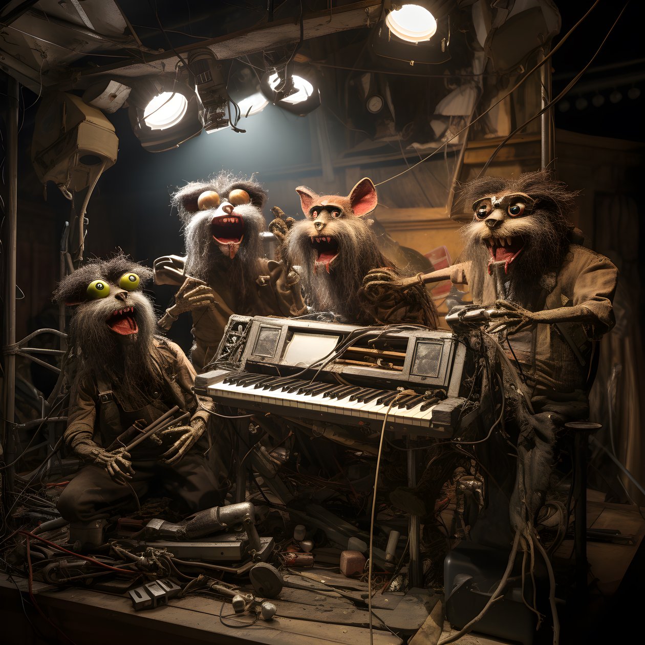 uhyggelig, behåret, knust dyreanimatronik, der fremfører musik på en scene 4 af Kurt Heppke
