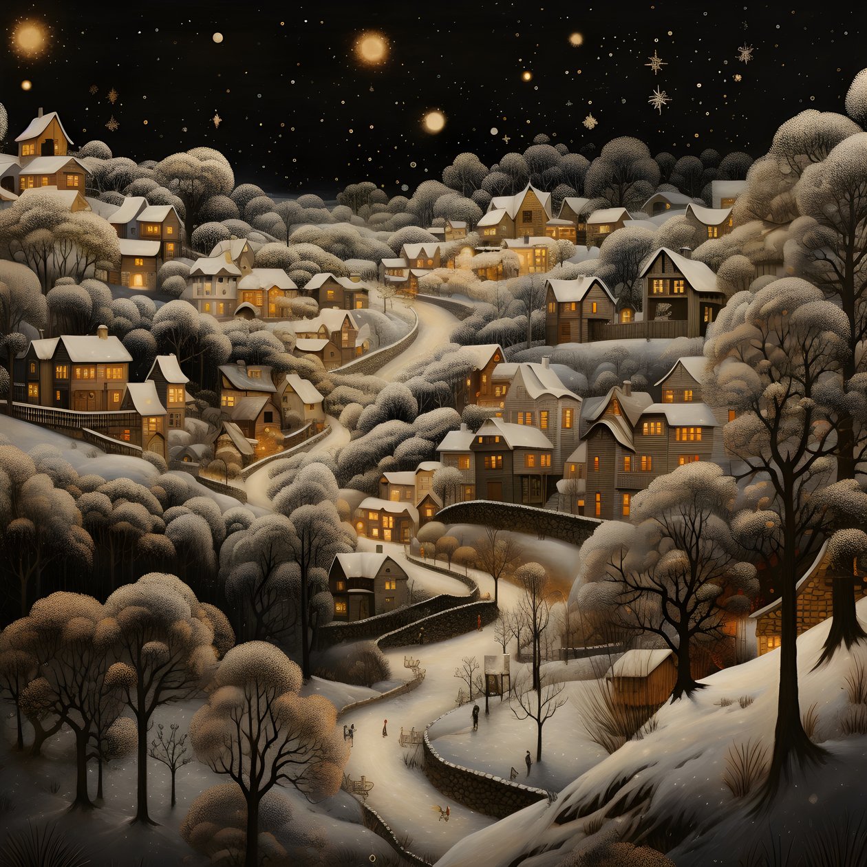 kylä yöllä lumien puiden alla 3 af Kurt Heppke