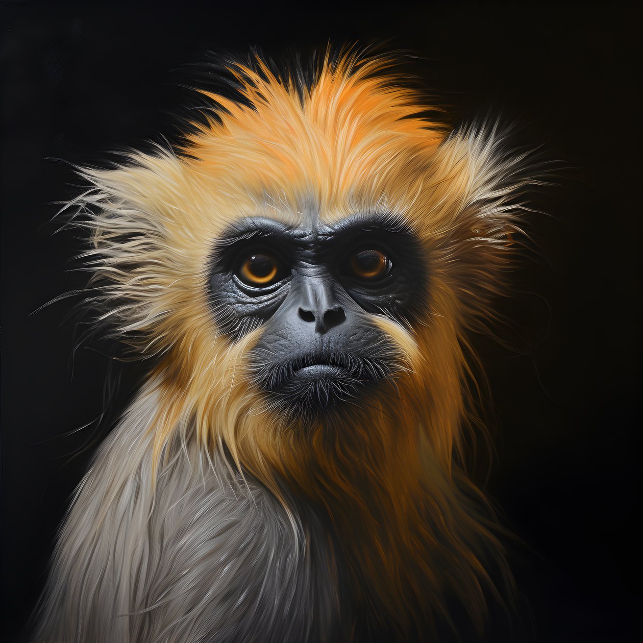 et maleri af ansigtet af en gylden langur med sort baggrund 1 af Kurt Heppke