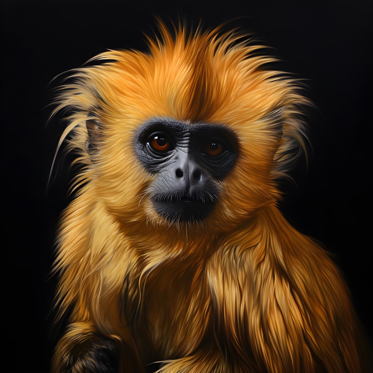et maleri af ansigtet af en gylden langur med sort baggrund 2 af Kurt Heppke